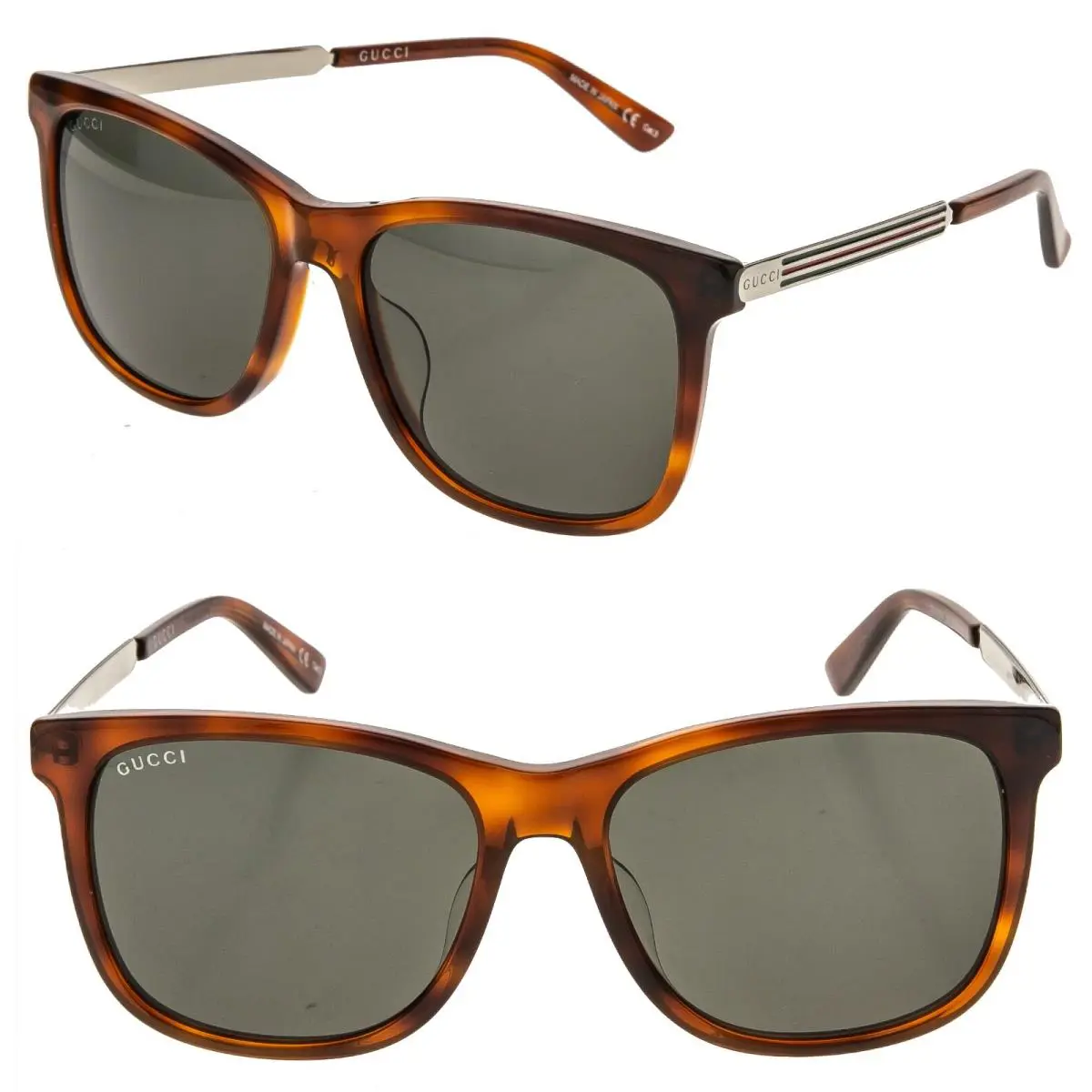Gucci GG0078S Web Stripe 0078 Metal Aviator Havana Gold Green Classic Sunglasses