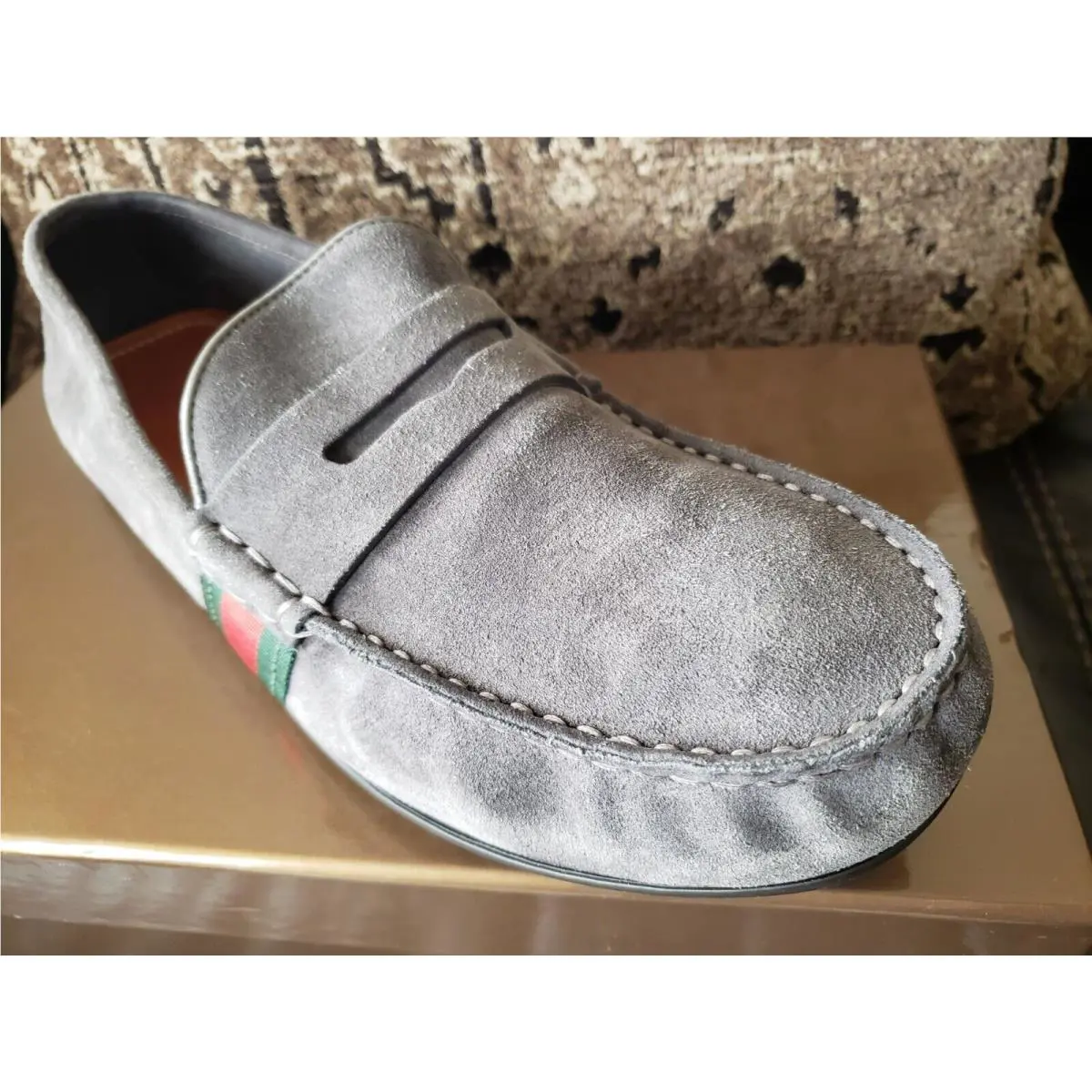 Gucci Kanye Flag Men Grey Suede Driving Moccasin Loafer Sz 8.5-G UK/9.5 US