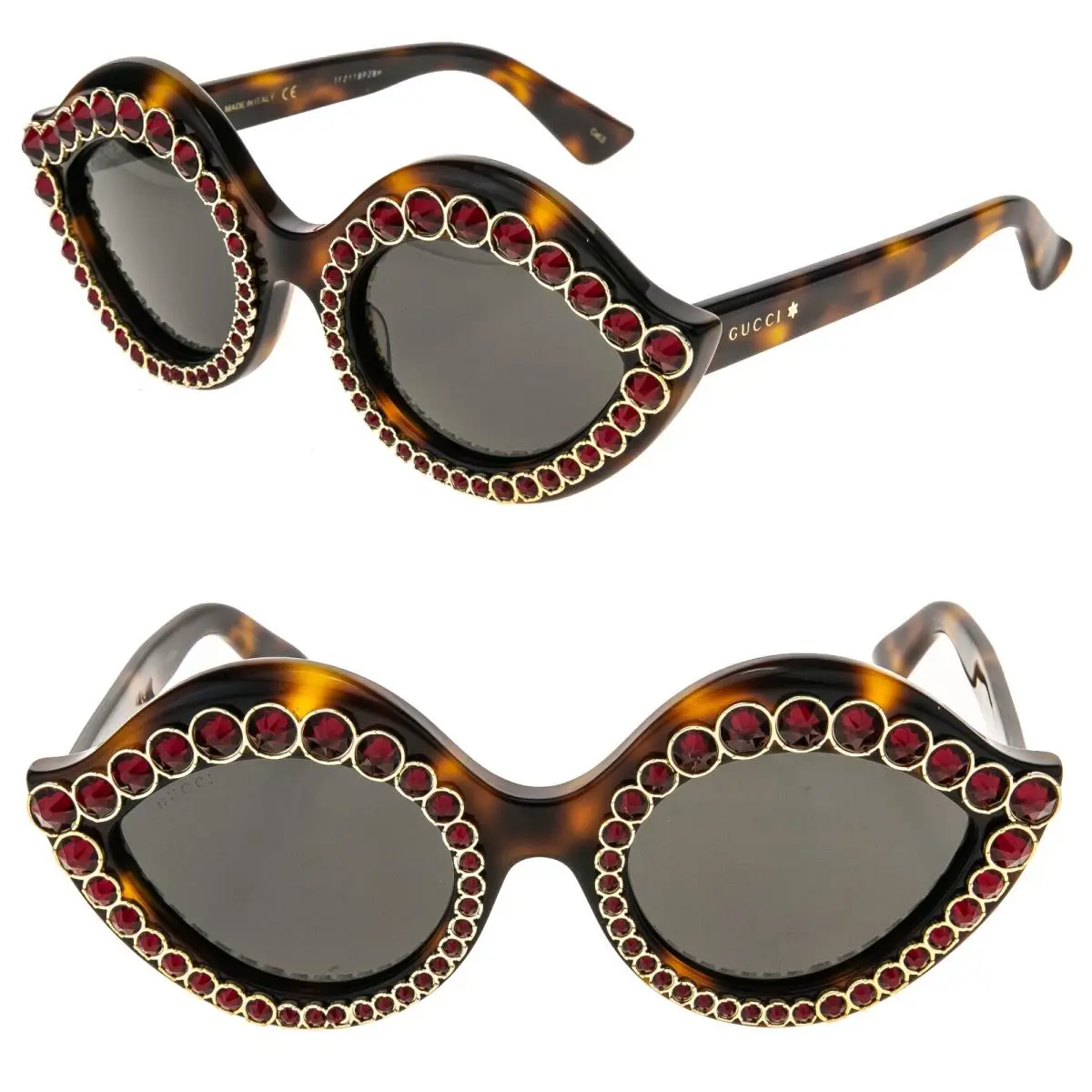 Gucci GG0045S Crystal 0045 Lips Cat Eye Havana Brown Red Bold Stud Sunglasses