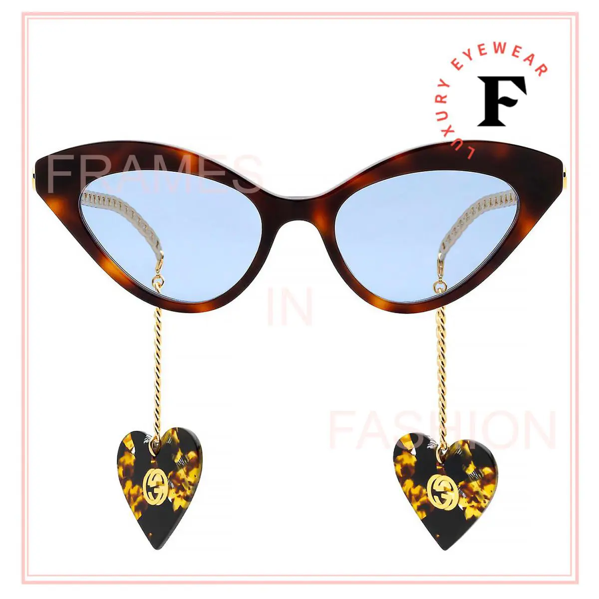 Gucci GG0978S Chain 0978 Gold Blue Havana Heart Detachable Charm Sunglasses 003
