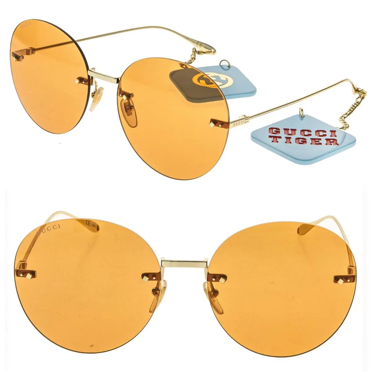 Gucci GG1149S 1149 Gold Orange Metal Tiger Logo Chain Charm Pendant 007 Sunglass