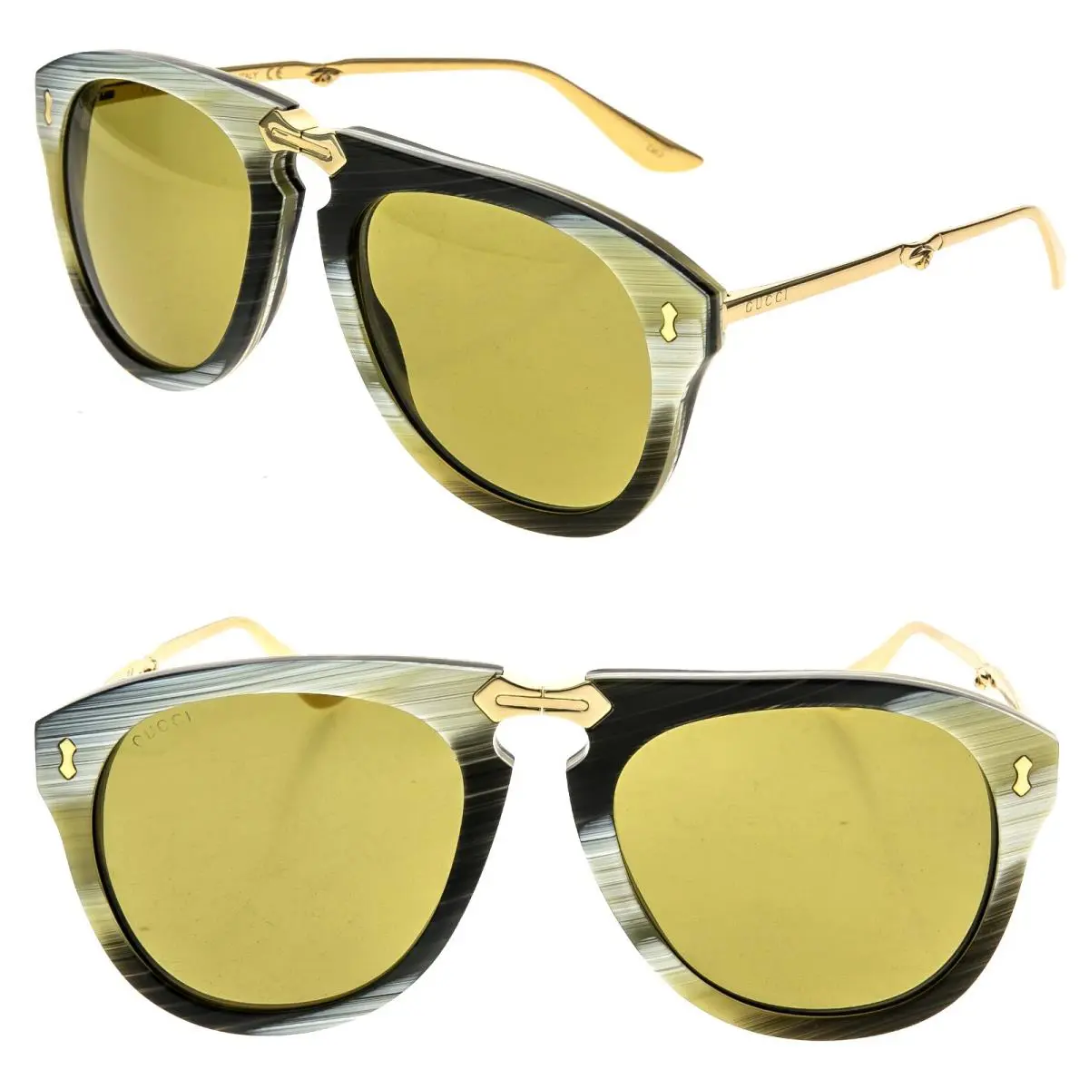 Gucci GG0305S 0305 Gold Green Horn Stripe Foldable Retro Aviator Sunglasses 003