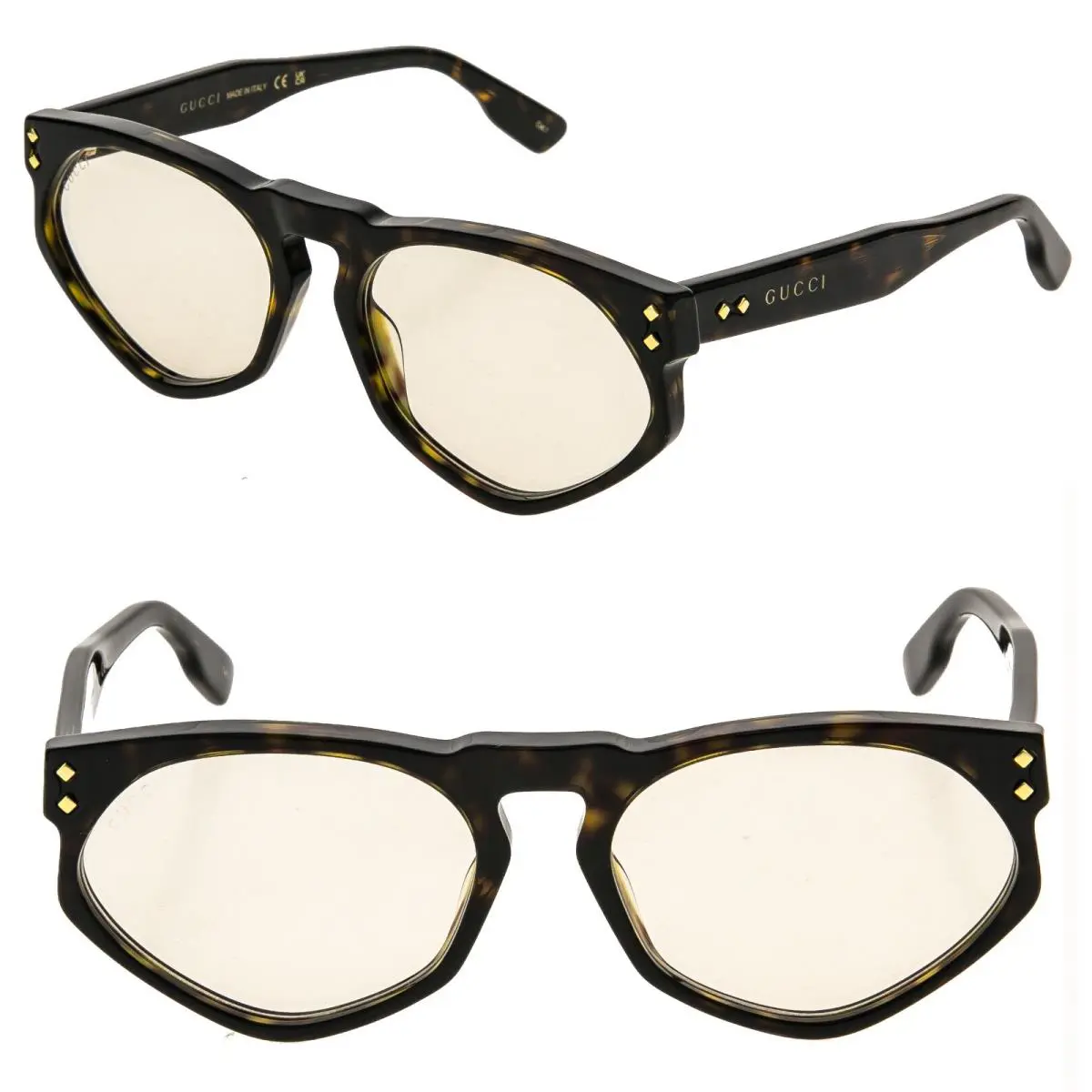 Gucci Gg1248S 1248 Brown Marble Wood Yellow Unisex Angular Style Sunglasses 001