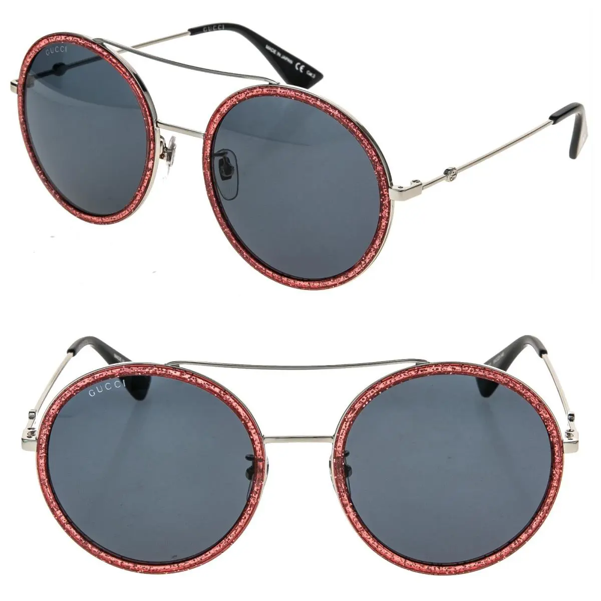 Gucci GG0061S 0061 Silver Pink Fuschia Glitter Round Oversize Metal Sunglass 007