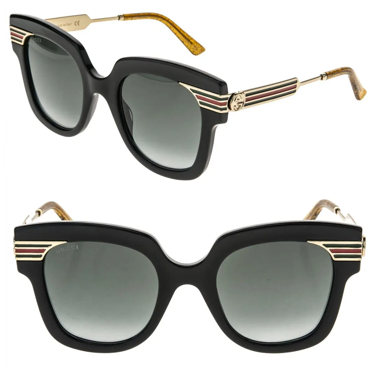 Gucci GG0281S Web Stripe 0281 Gold Black Glitter Metal Oversized Sunglasses 001