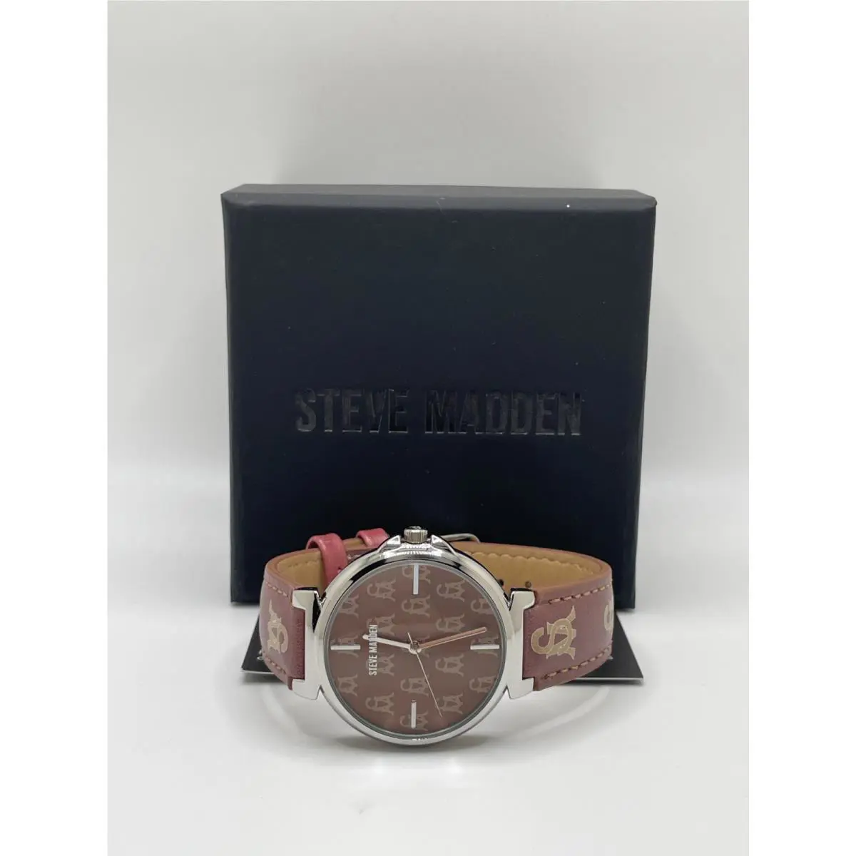 Steve Madden Womens Silver Case Brown Band Quartz Analog Round Casual Wristwatch