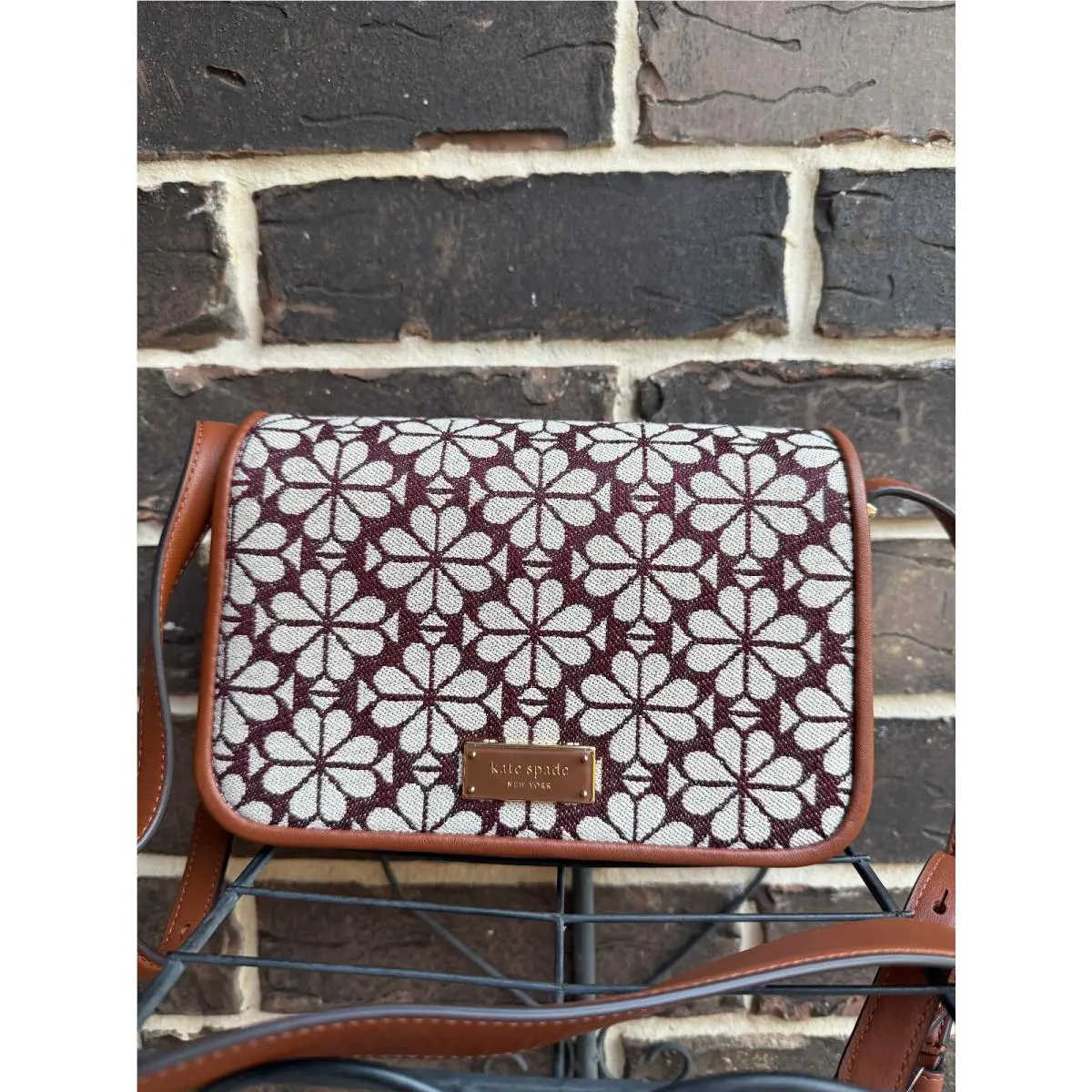Kate Spade Spade Flower Jacquard Burgundy Small Flap Crossbody