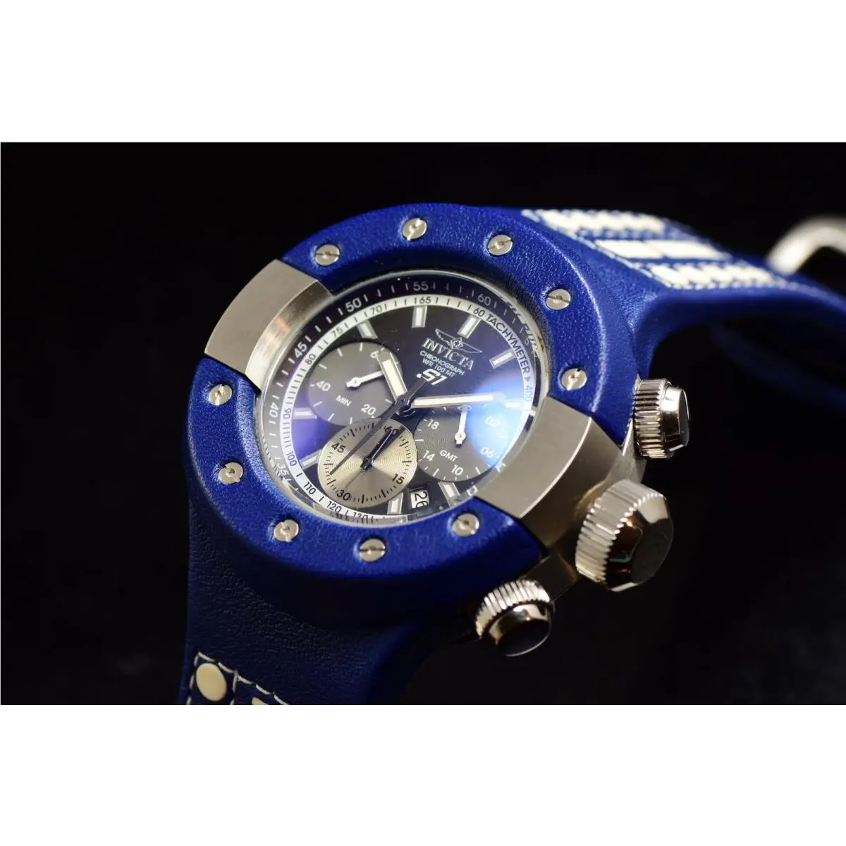 Invicta Mens S1 Rally Black Dial Blue and White Strap Chronograph Gmt Watch