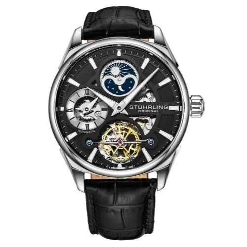 Stuhrling 3918 2 Legacy Automatic Skeleton Dual Time Am/pm Leather Mens Watch