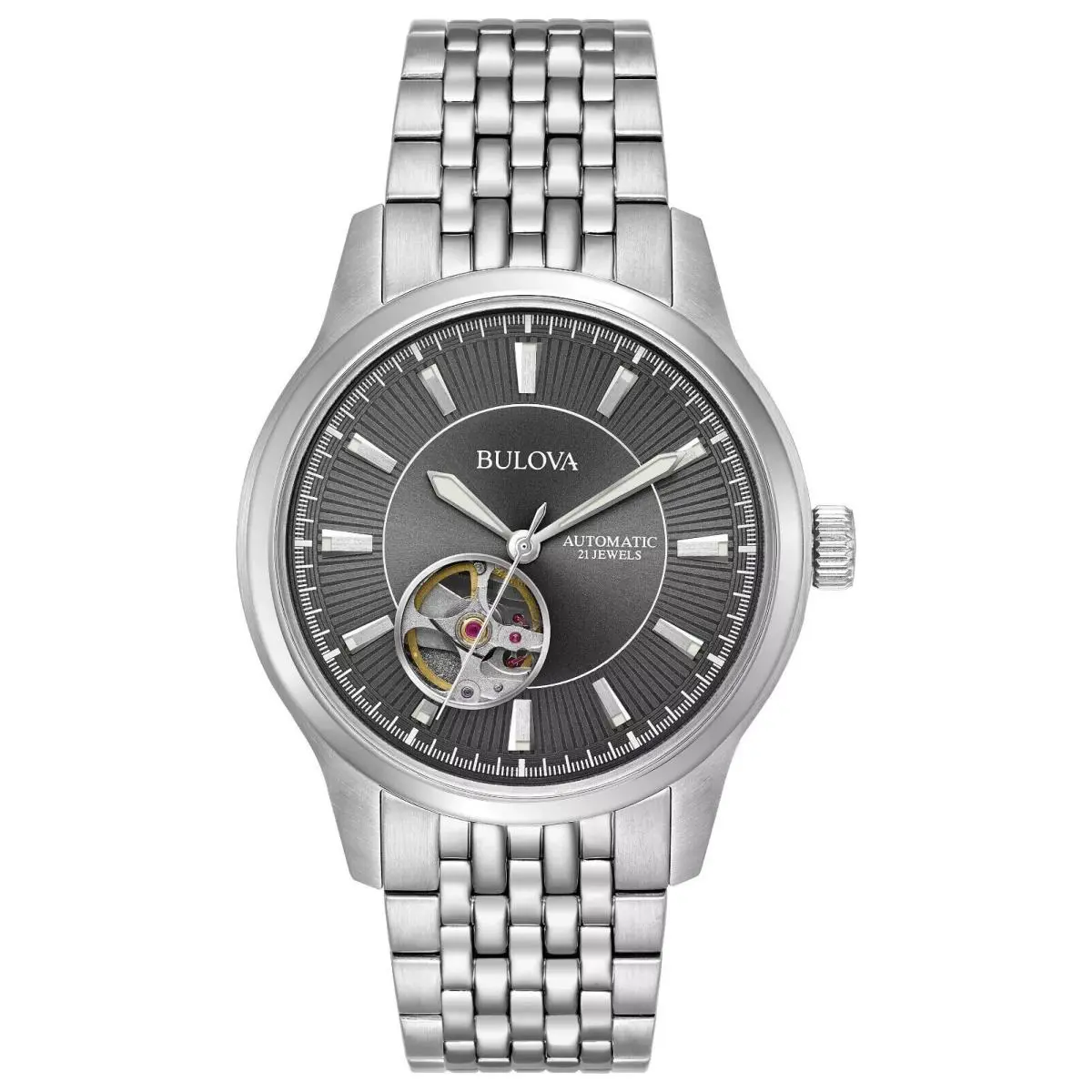 Bulova Mens Classic Automatic Skeleton Silver Stainless Steel Watch 40 MM 96A190