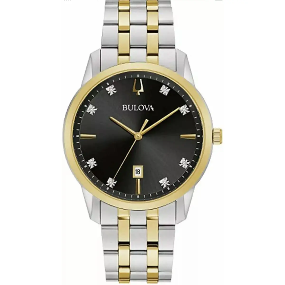 Bulova Sutton Men`s Diamond Two Tone Stainless Steel Quartz Watch 98D165 - Face: Black, Dial: Black, Band: Silver, Gold