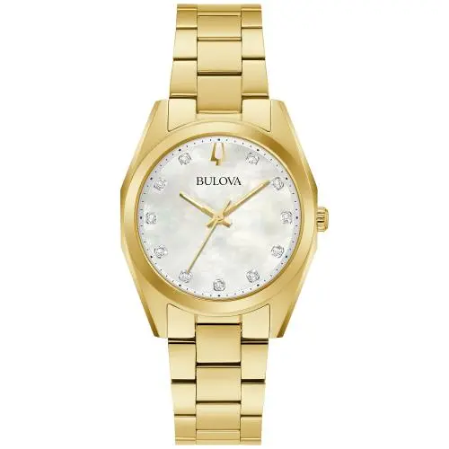 Bulova Surveyor Diamond Gold Tone Mother-of-pearl White Dial Womens Watch 97P172 - Dial: White, Band: Gold, Bezel: Gold