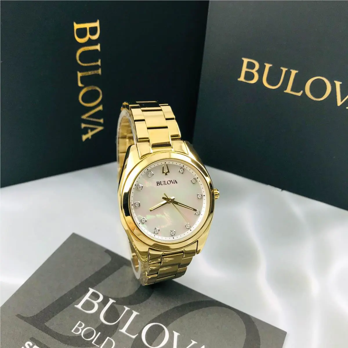 Bulova Surveyor Quartz Crystal Ladies Watch 97P172 - Dial: Mother of Pearl, Band: Gold-tone, Bezel: Gold-tone