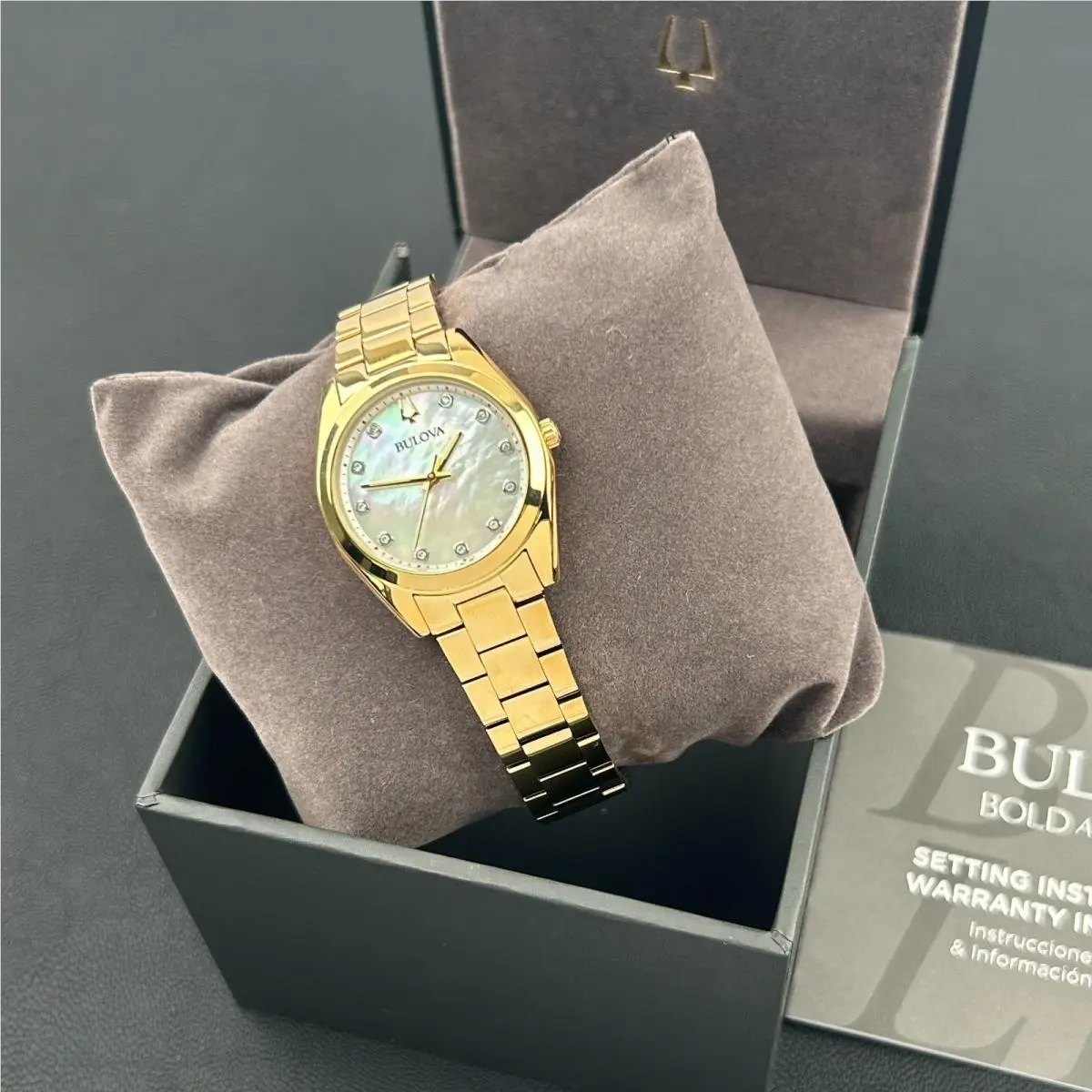 W/box Bulova Surveyor Gold-tone Mother of Pearl Women`s Quartz Watch 97P172 - Dial: White, Band: Gold