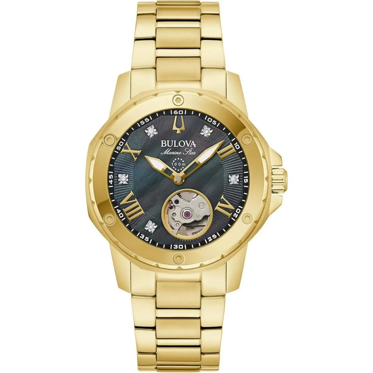 Bulova Women`s Watch Marine Star Diamond Black Mother of Pearl Dial 97P171 - Dial: Black, Band: Yellow