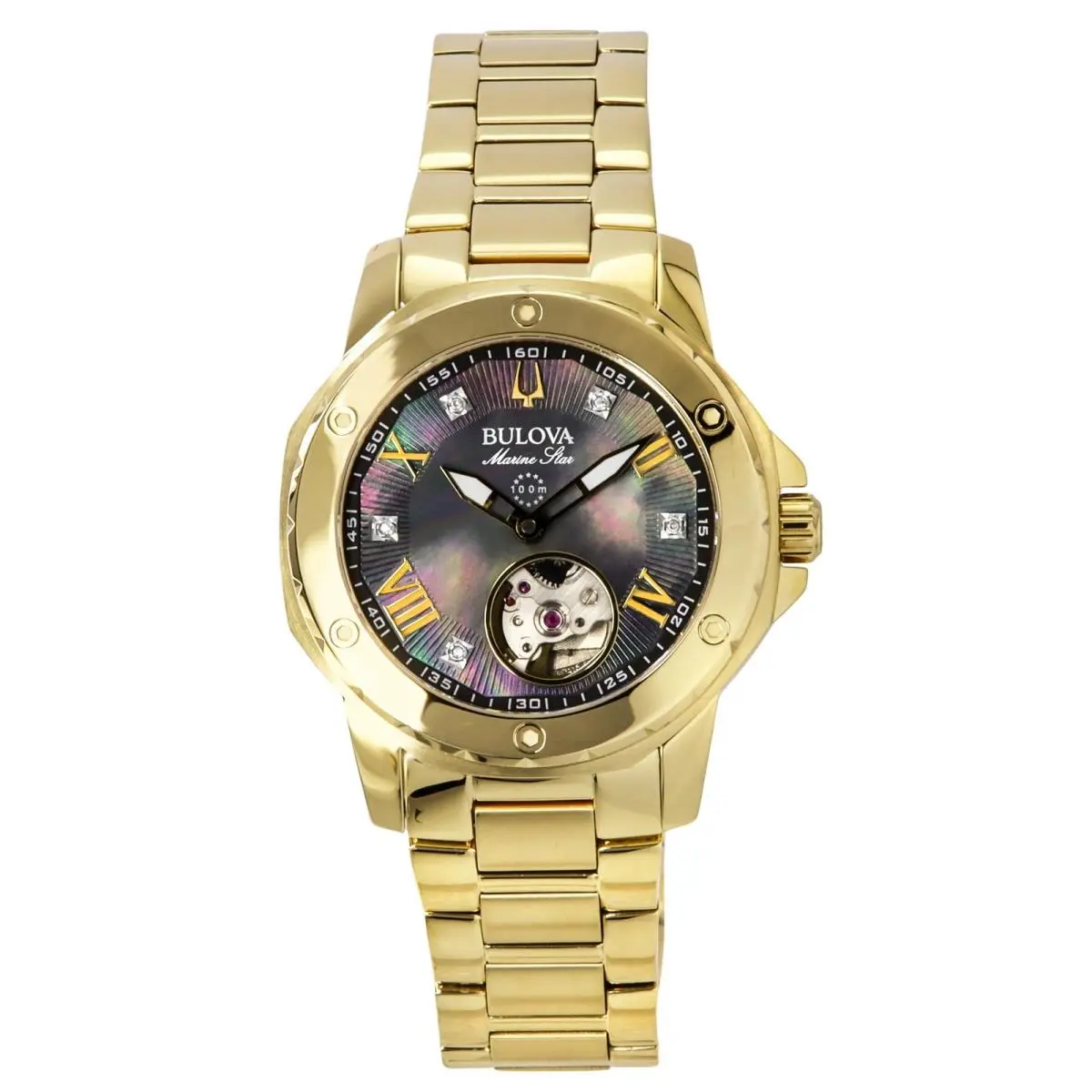 Bulova Marine Star Mother Of Pearl Diamond Accents Automatic 97P171 Ladies Watch - Dial: Black Mother Of Pearl, Band: Gold Tone, Bezel: Gold Tone
