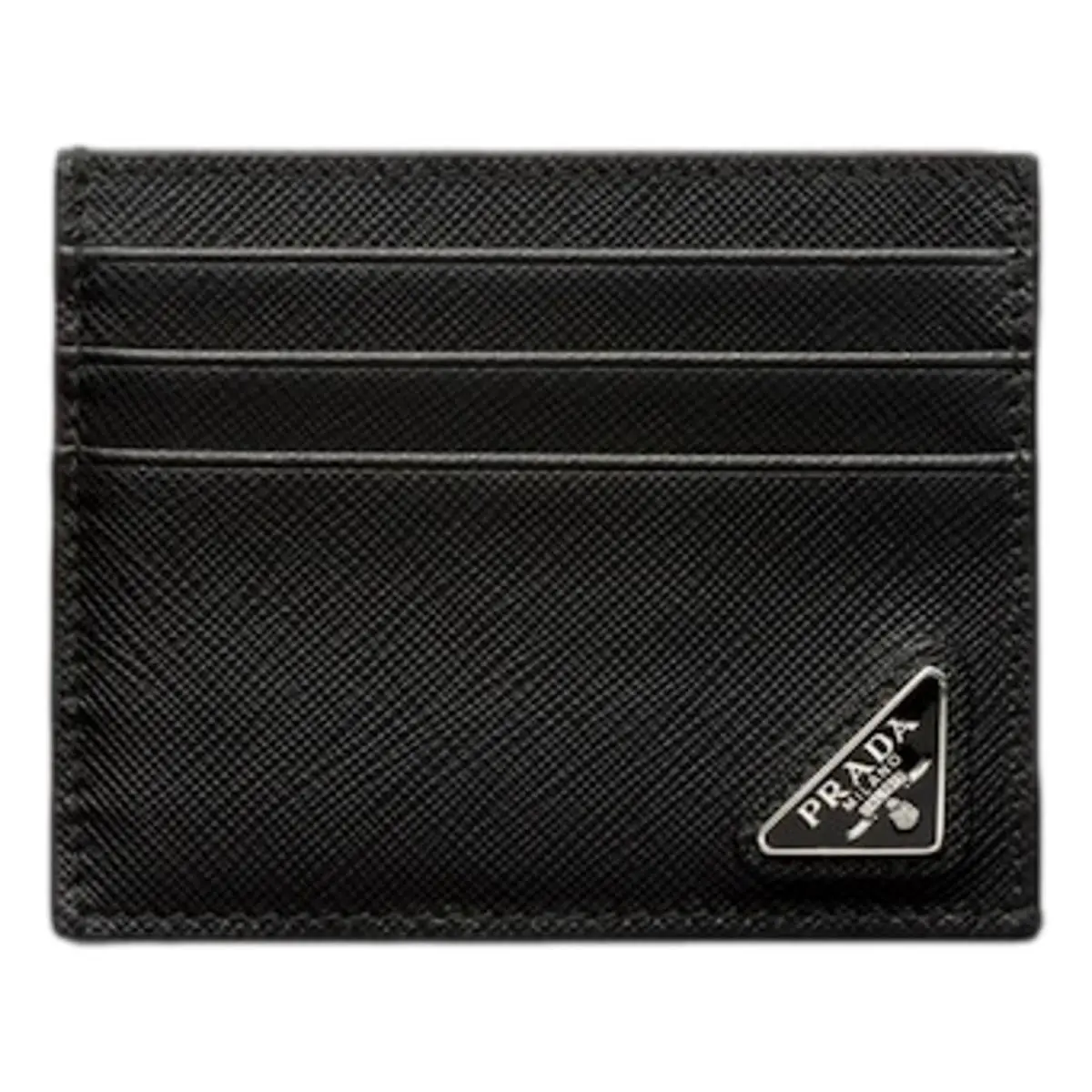 Prada Mens Saffiano Leather Card Holder Black Silver Triangle Logo Italy