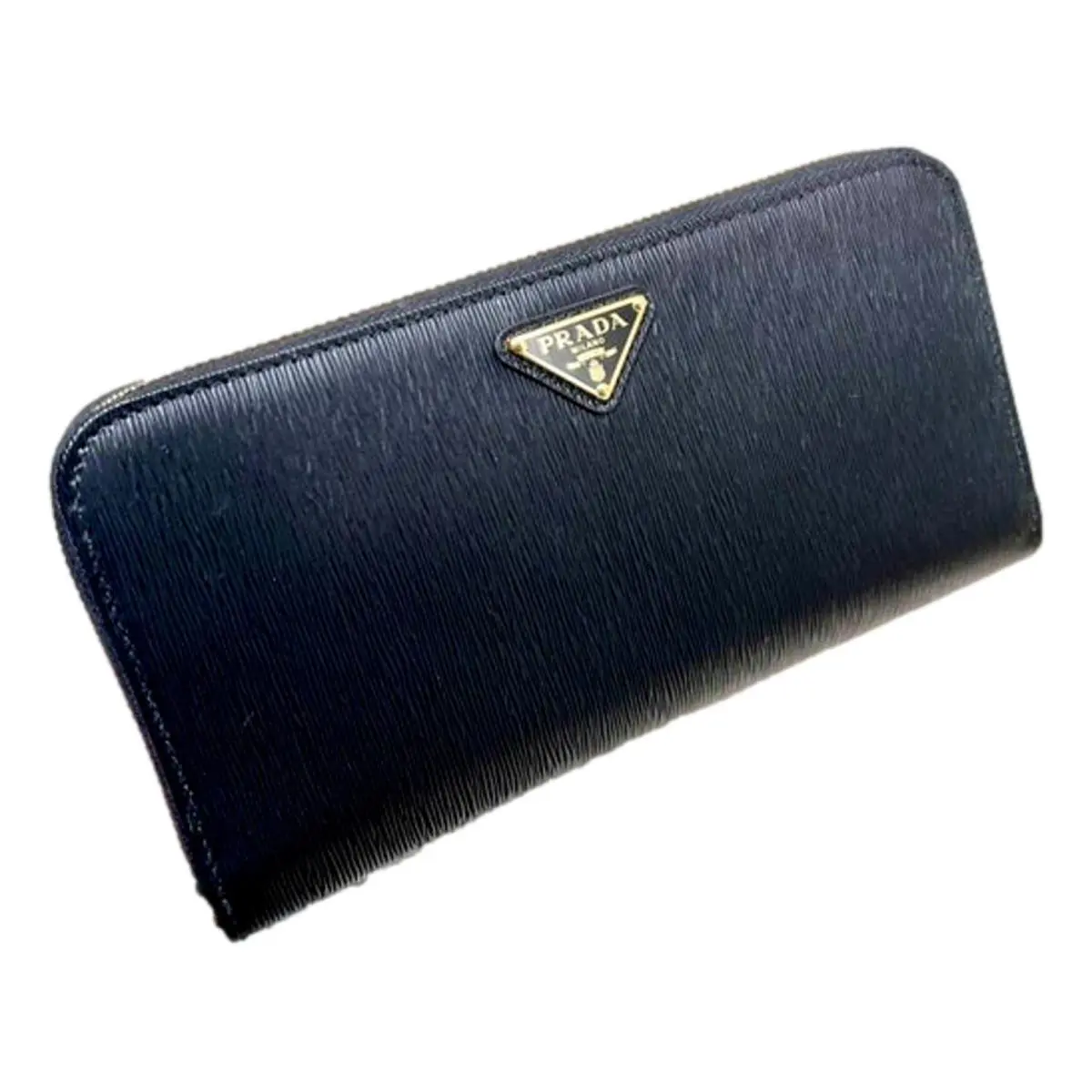 Prada Vitello Nero Black Leather Zip Around Long Wallet Gold Triangle Logo