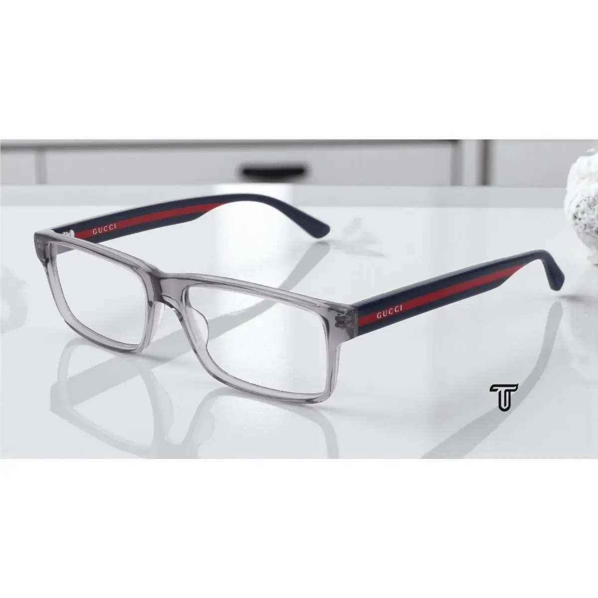 Gucci GG0752O 003 Rectangular Grey Blue Shiny Demo Lens 56 mm Men`s Eyeglasses