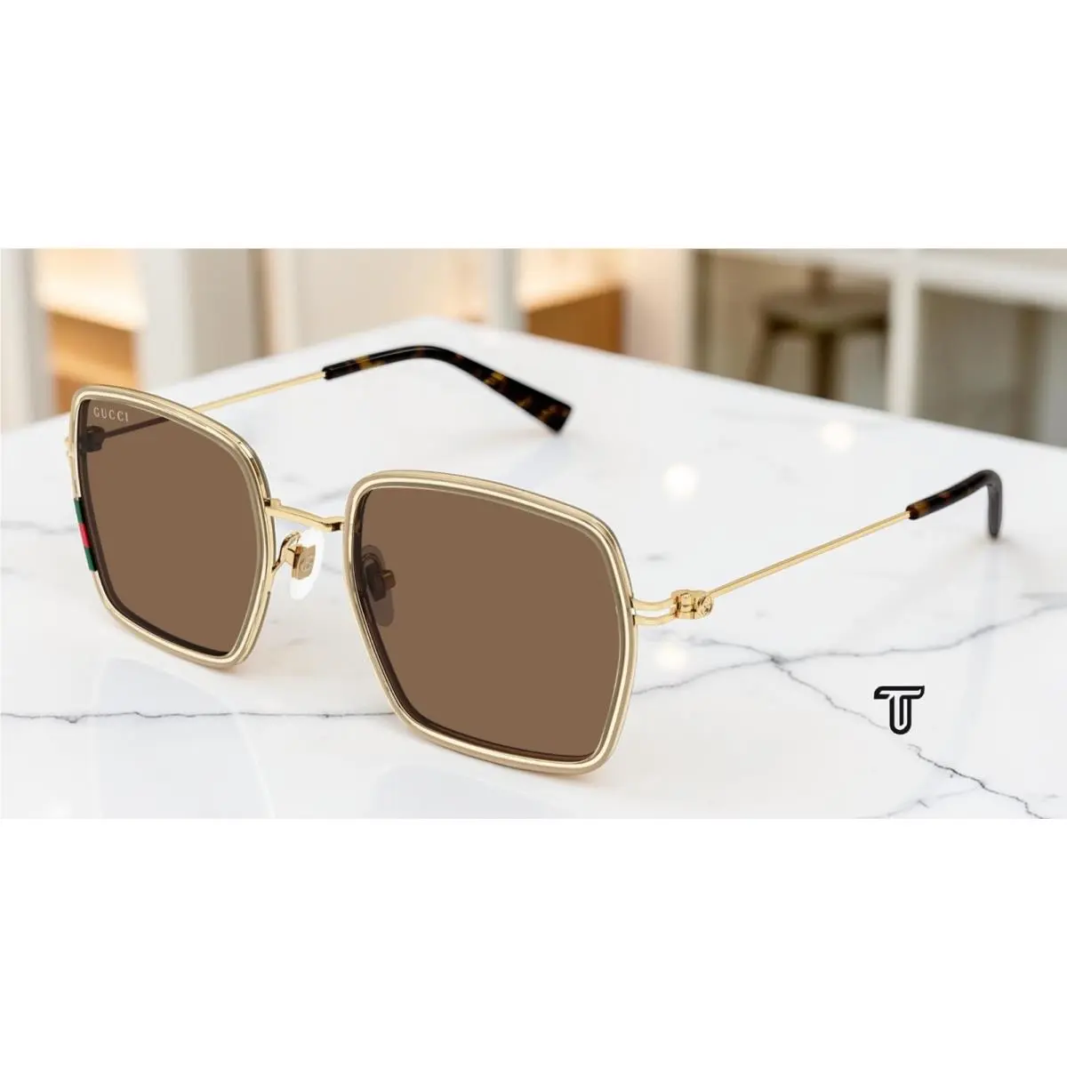 Gucci GG1848S 003 Beige Gold Brown 52 mm Rectangular Squared Women`s Sunglasses - Frame: Beige, Lens: Brown