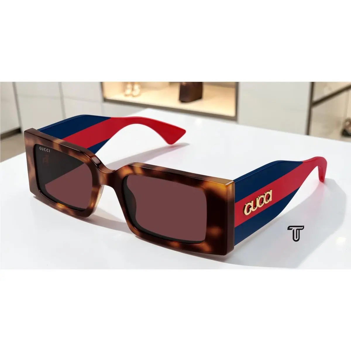 Gucci GG1860S 002 Havana Blue Red 52 mm Rectangular Squared Women`s Sunglasses - Frame: Havana, Lens: Red