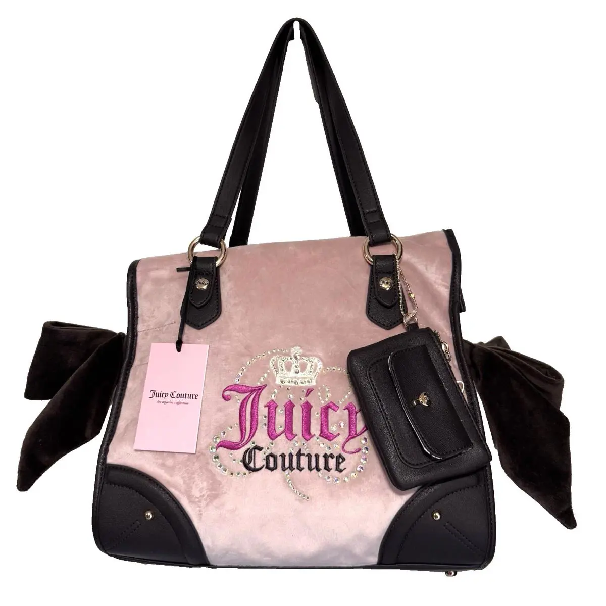 Juicy Couture Dreamy Tote Velour Dusty Blush Chocolate Brown Bow Keychain Wallet