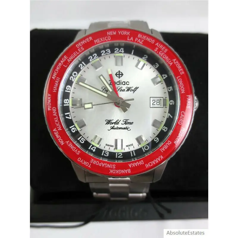 Zodiac Super Sea Wolf Gmt World Time Automatic Silver Red Watch ZO9410 Box
