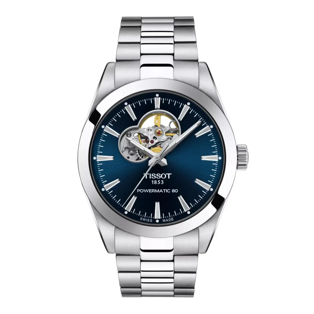 Tissot T127.407.11.041.01 Gentleman Powermatic 80 Open Heart Steel Men`s Watch - Dial: Blue, Band: Silver, Bezel: Silver