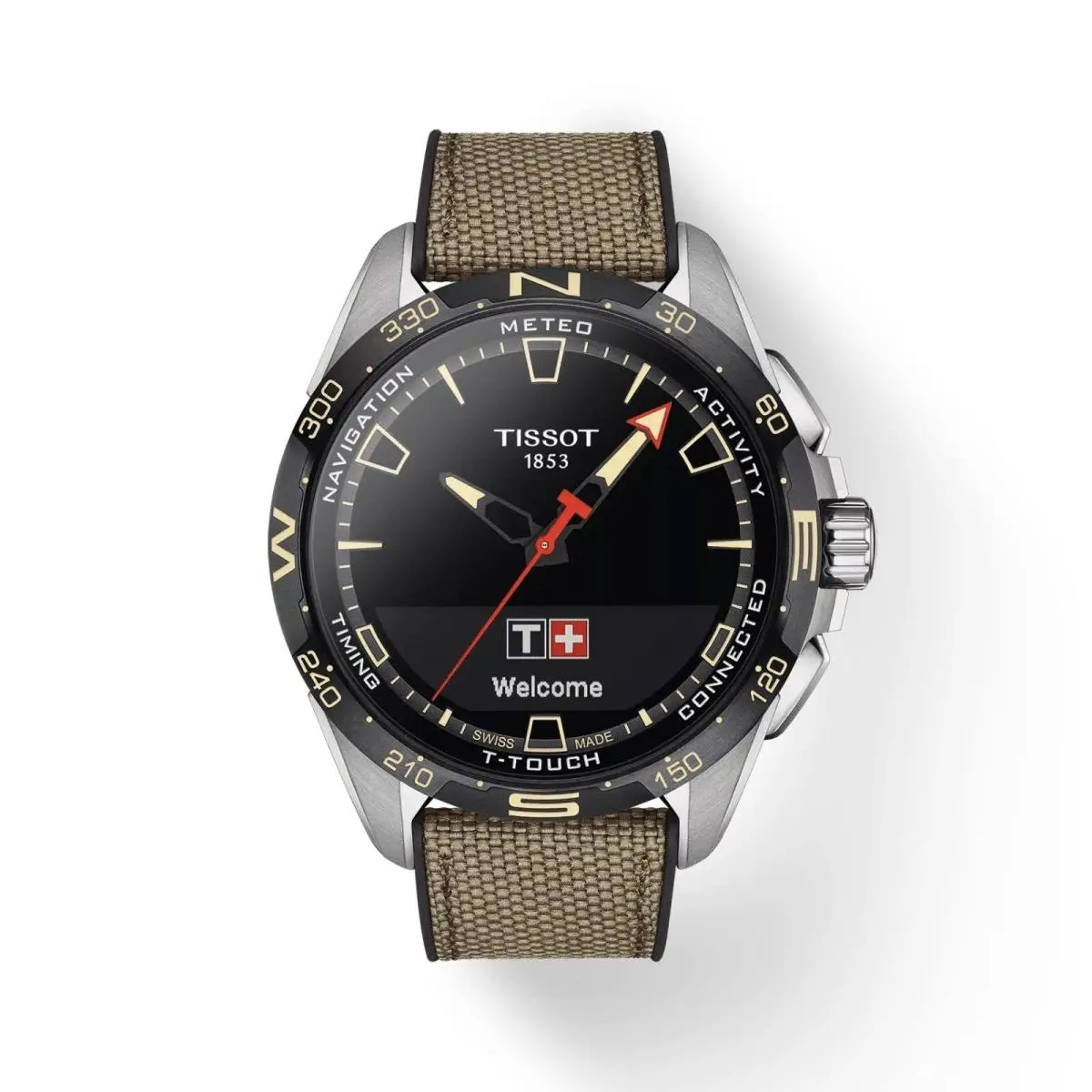 Tissot T-touch Connect Solar Antimagnetic Titanium Men`s Watch T1214204705107 - Dial: Black, Band: Beige, Bezel: Black
