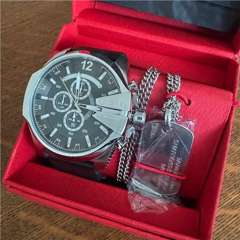 Diesel Men`s 51mm Mega Quartz Steel Leather Chrono Watch Necklace Set DZ4559