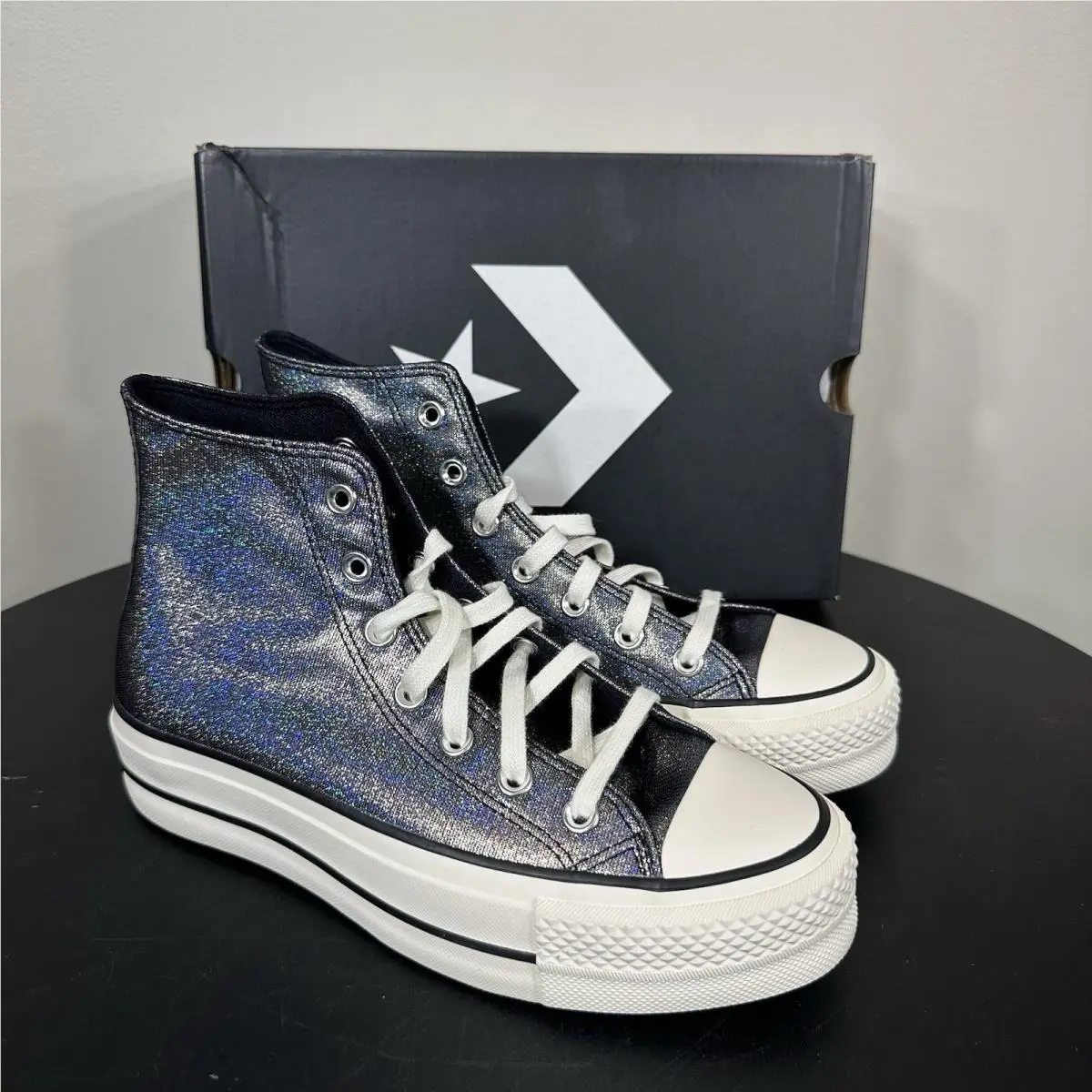 Converse Women`s 7.5 Sneakers Leather Black Platform Ctas Lift Hi A14519C