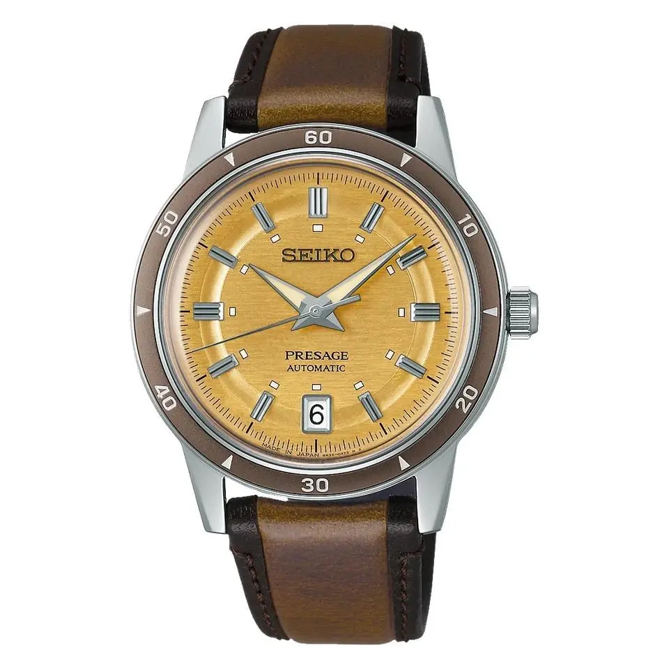 Seiko Men`s Presage Automatic Yellow Gold Dial Leather Japan Made Watch SRPL75