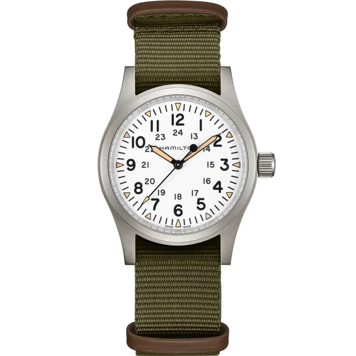 Hamilton Khaki Field White Men`s Watch with Green Textile Band - H69439411 - Dial: White, Band: Green, Bezel: Silver