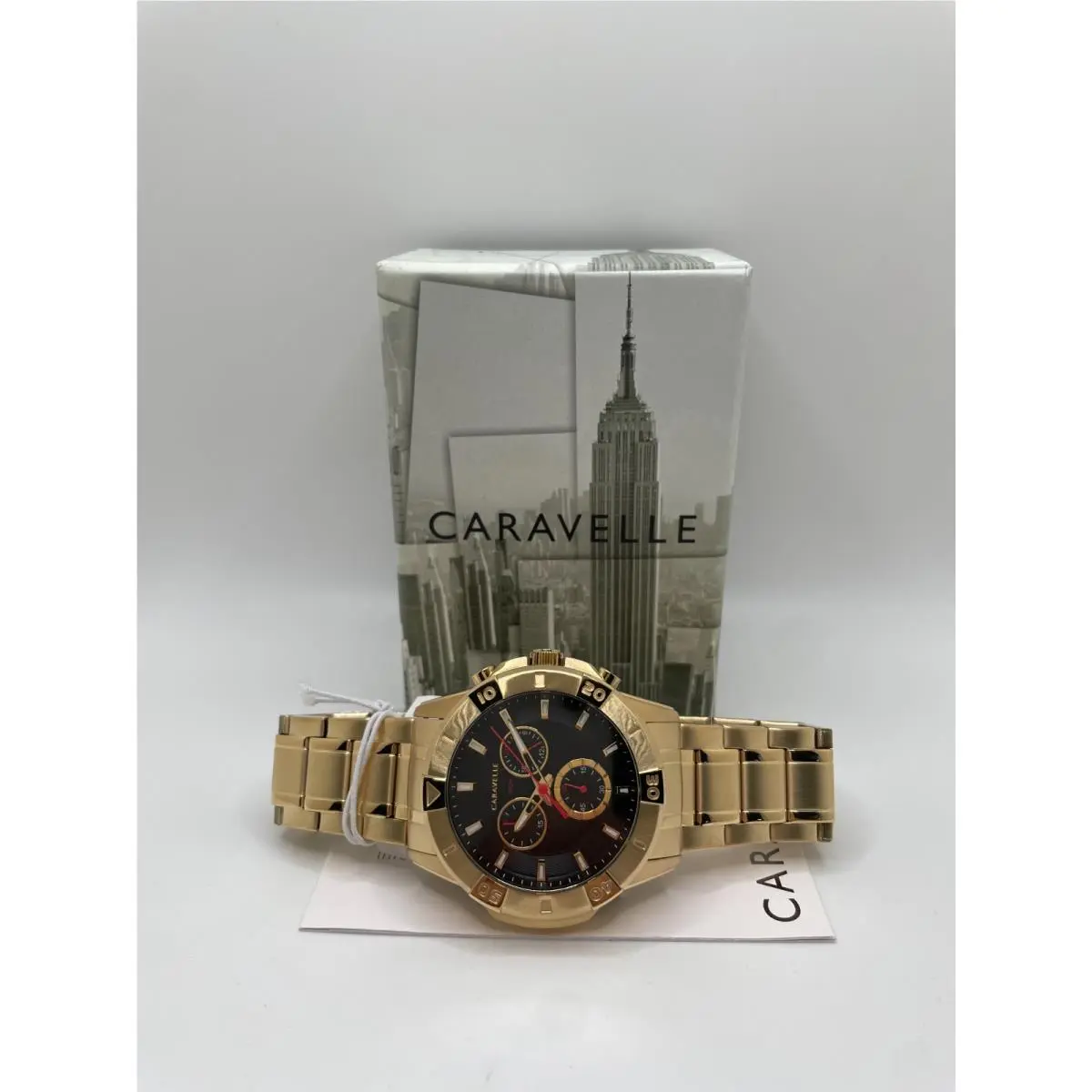 44B127 Mens Black Dial Gold Band Quartz Round Analog Wristwatch by Caravelle
