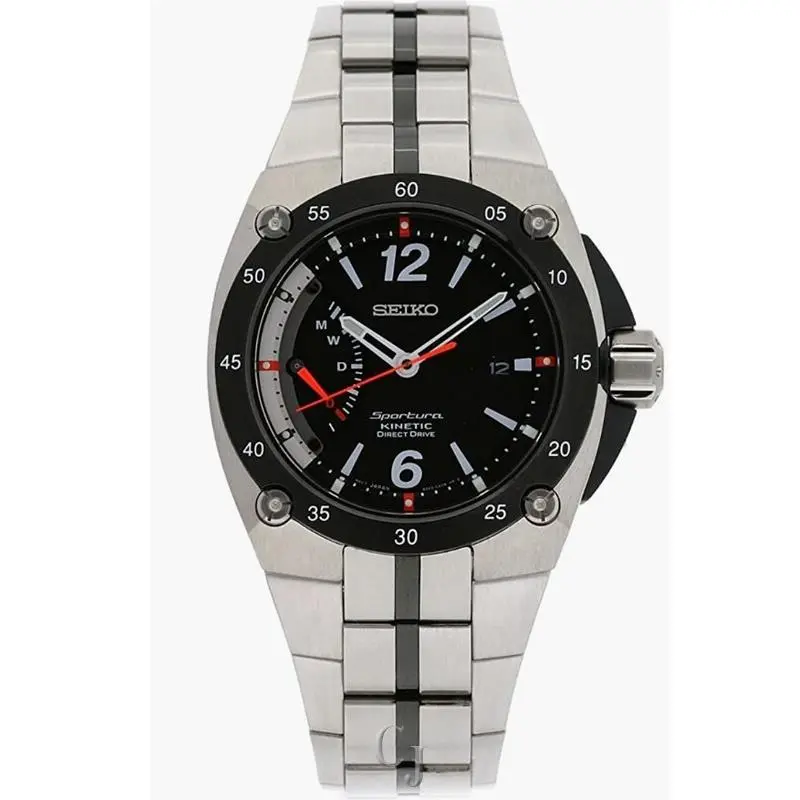 Seiko Sportura Kinetic Drive Stainless Steel Men’s Watch SRG005 - Dial: Black, Band: Silver, Bezel: Black