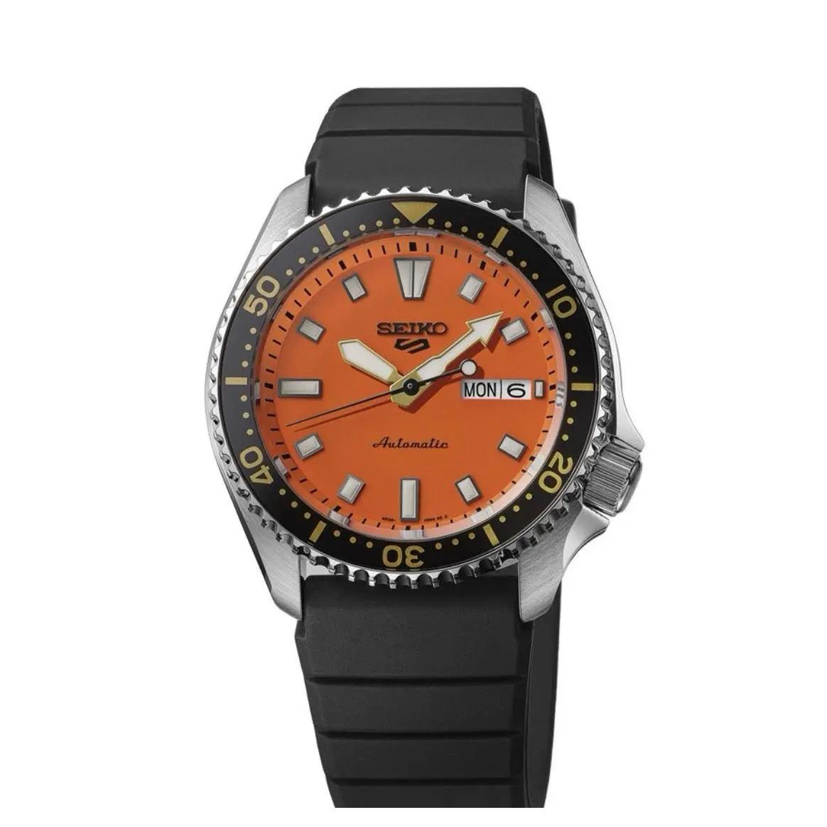Seiko 5 Sports Automatic Orange Dial Men`s Watch SRPL89K1 - Dial: Black, Band: Black, Bezel: Black