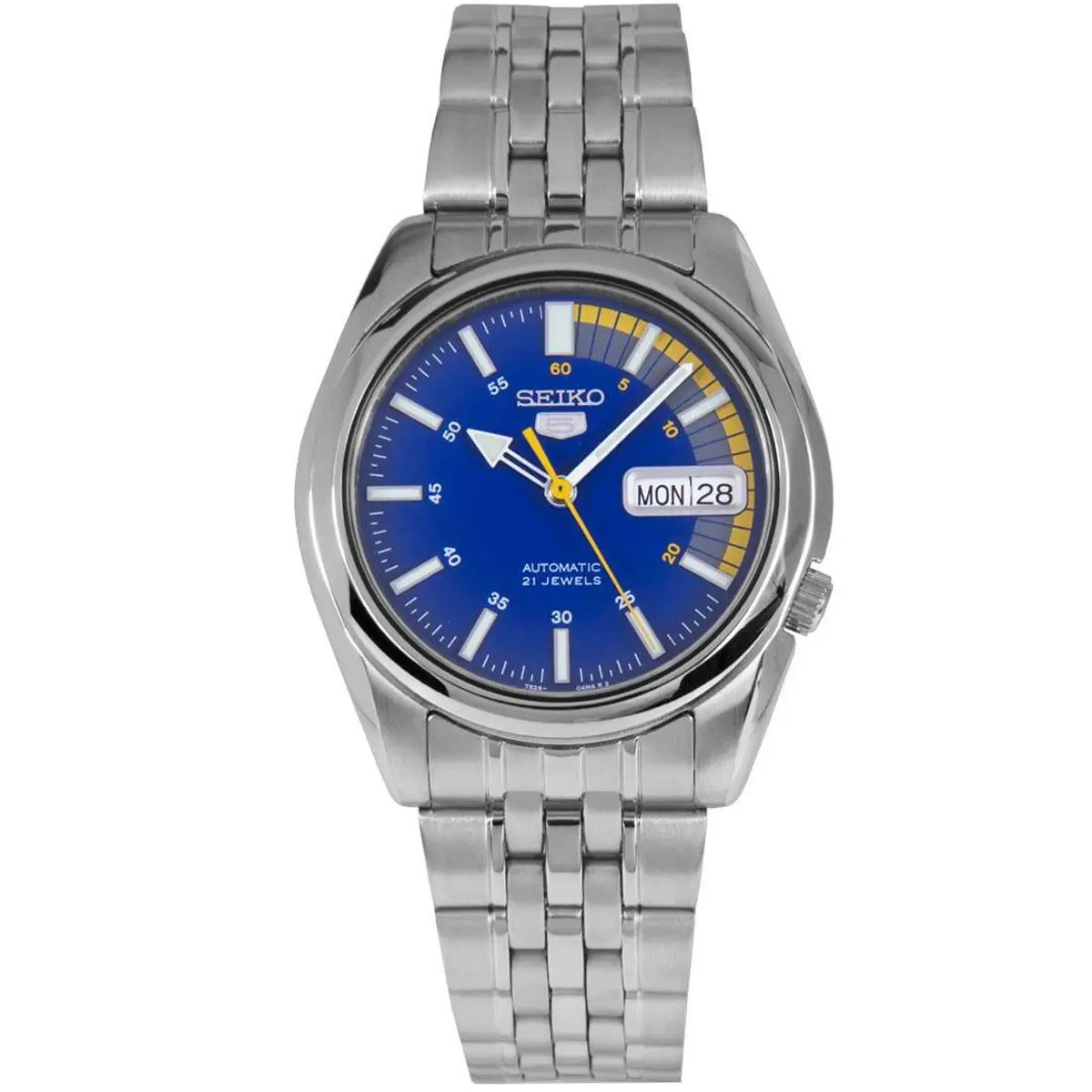 Seiko Men`s Watch 5 Sports Automatic Blue Dial Silver Steel Bracelet SNK371K1 - Dial: Blue, Band: Silver, Bezel: Silver