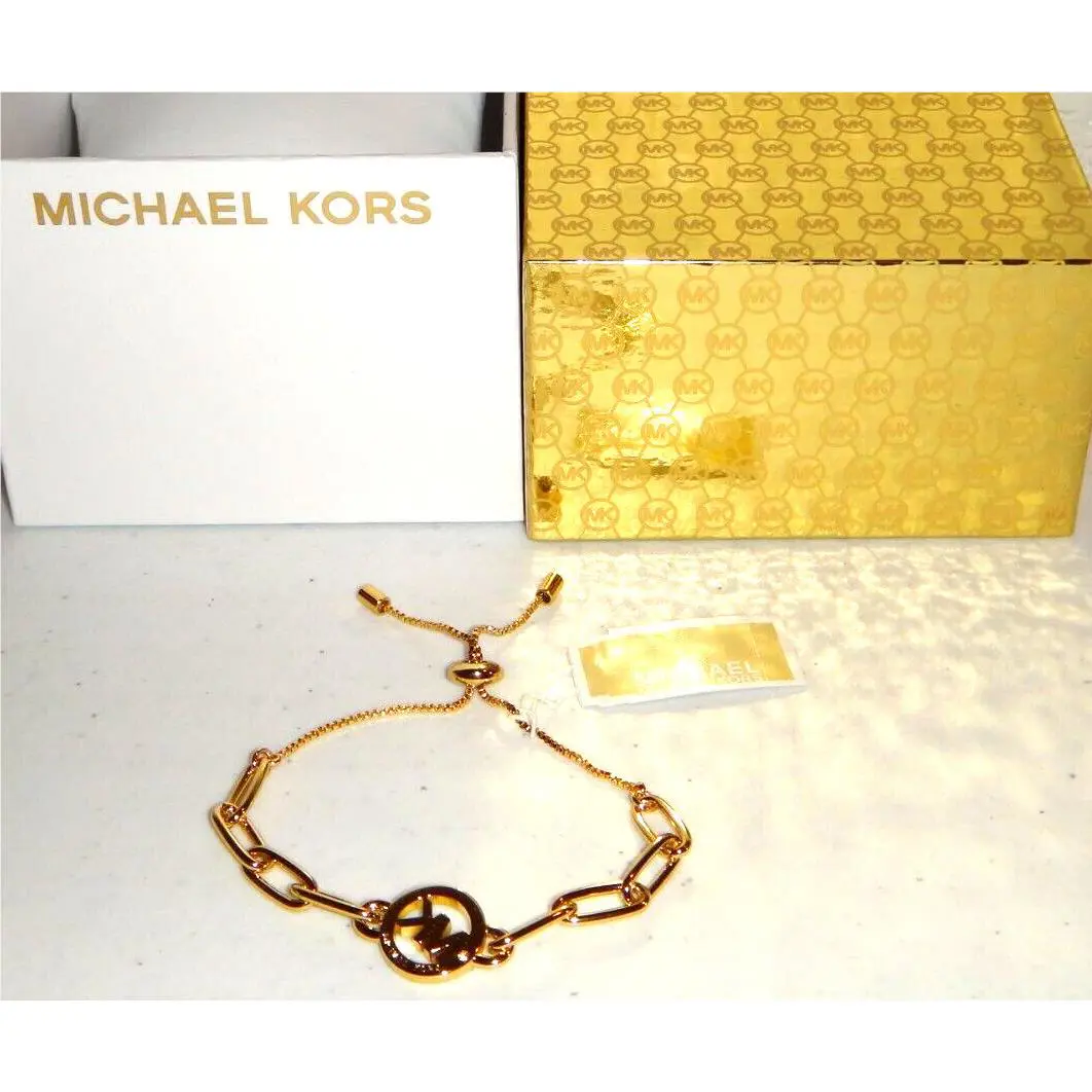 Michael Kors MK Logo Charm Yellow Gold Brass Chain Bracelet MKJ7746710 + MK Box