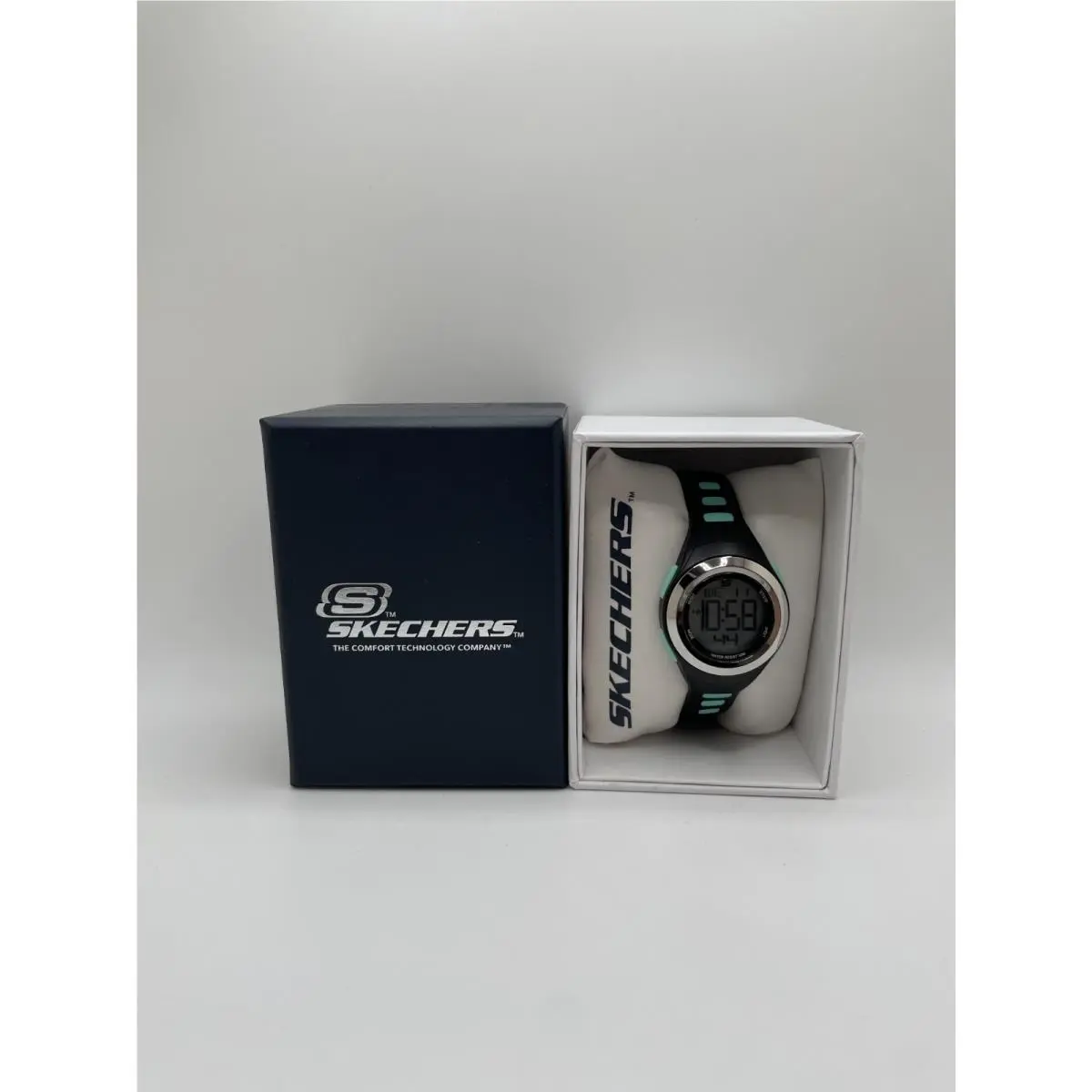 Skechers Womens Black Teal Band Silver Case Water Resistant Digital Sports Watch
