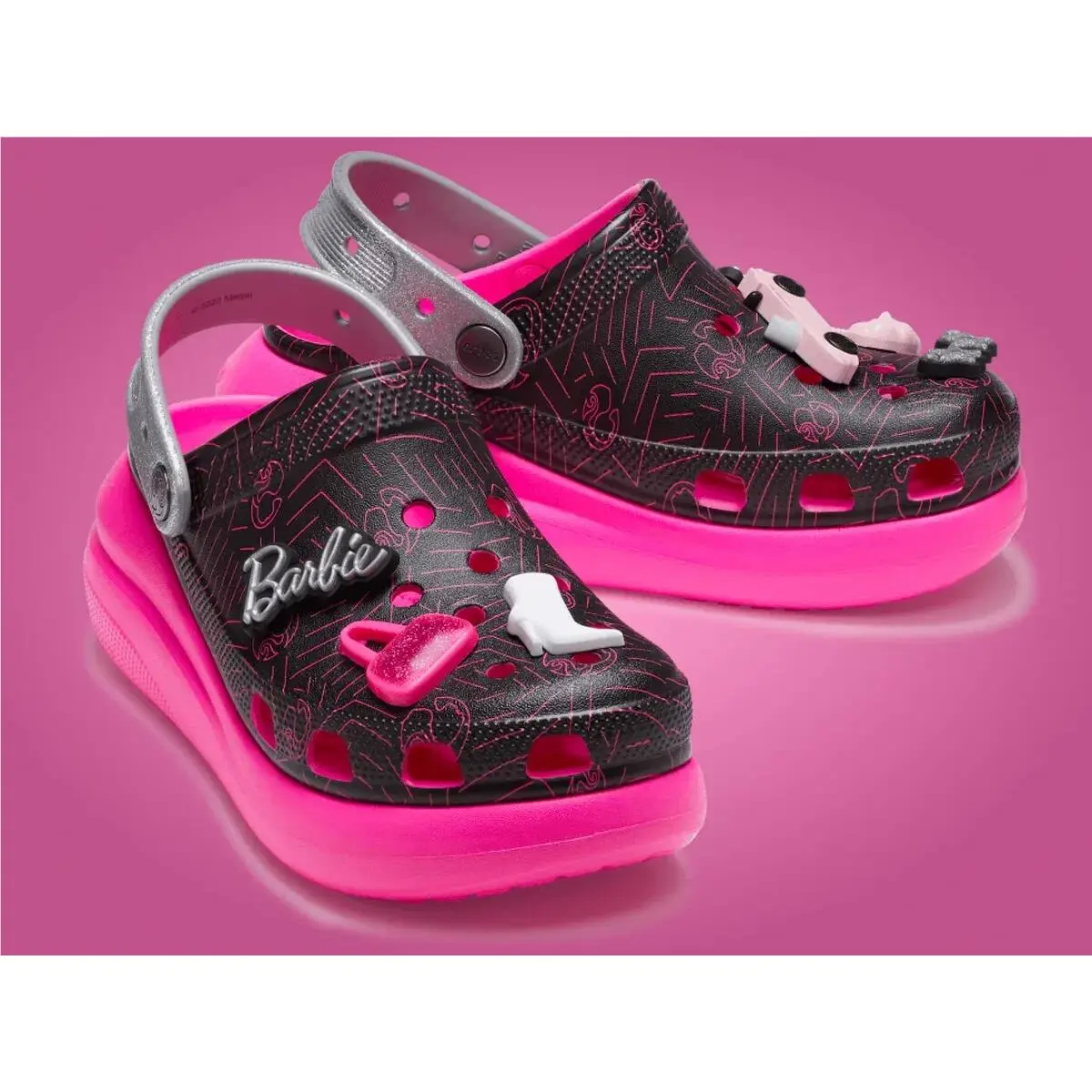 Crocs Barbie Crush Clog Black Hot Pink Barbie Charms Women`s Size 10