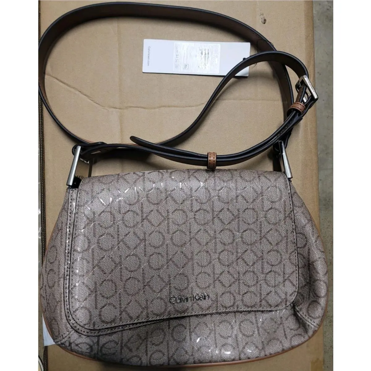 Calvin Klein Charlie Signature Magnetic Flap Small Crossbody Almond/taupe
