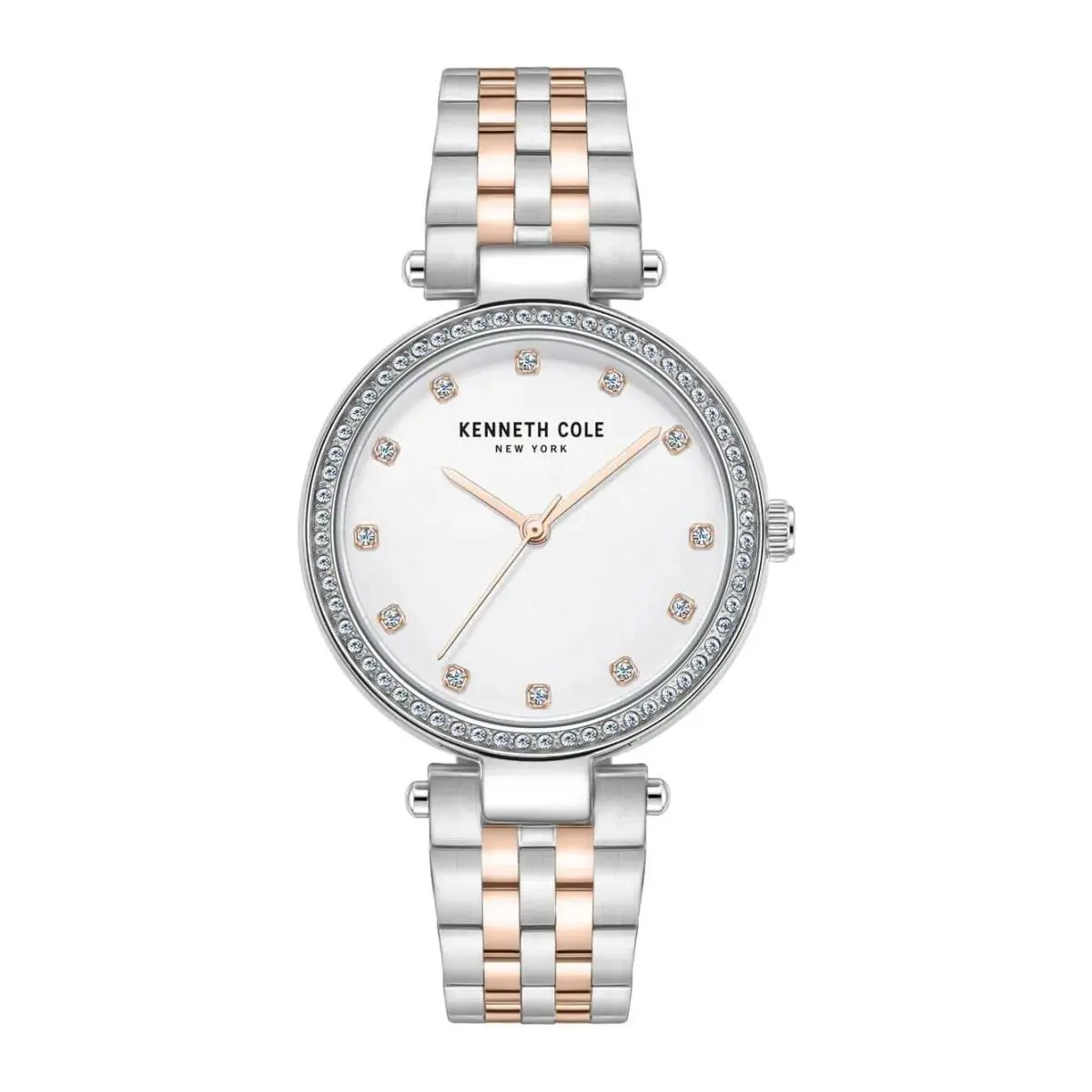 Kenneth Cole York 34mm Crystal Bezel Two-tone Womens Watch KCWLG0048501 - Dial: White, Band: Rose-Tone, Silver