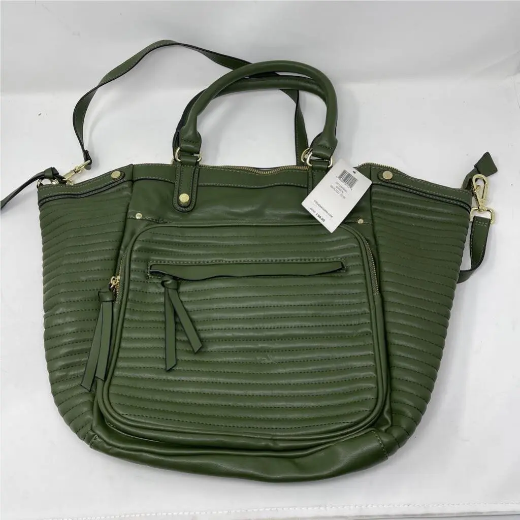 Steve Madden Womens Tote Bag Green Quilted Dual Handle Pockets Zip L