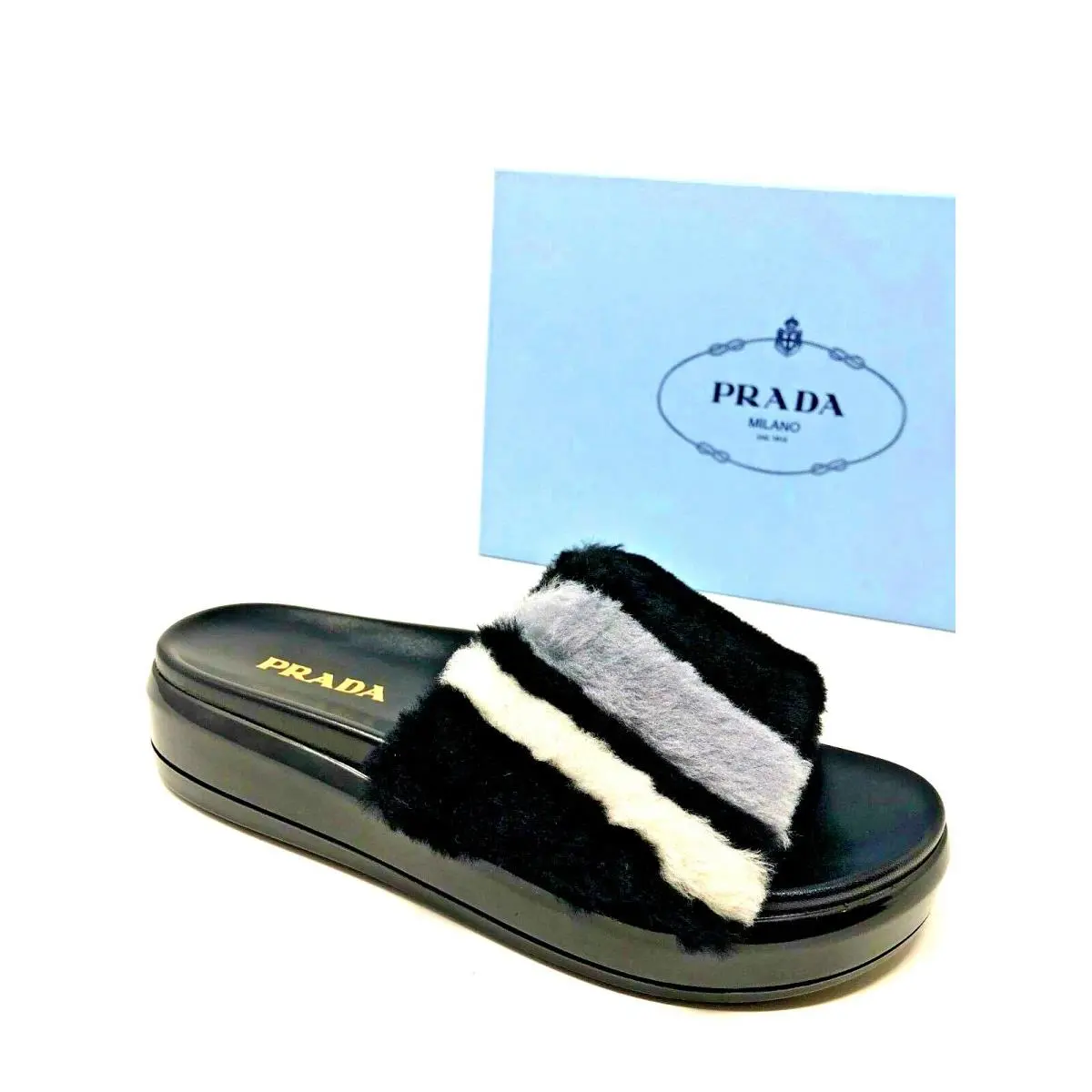 Prada Womens Fur Slippers Black Slides Ladies Shoes Size 6.5 36.5 7 37