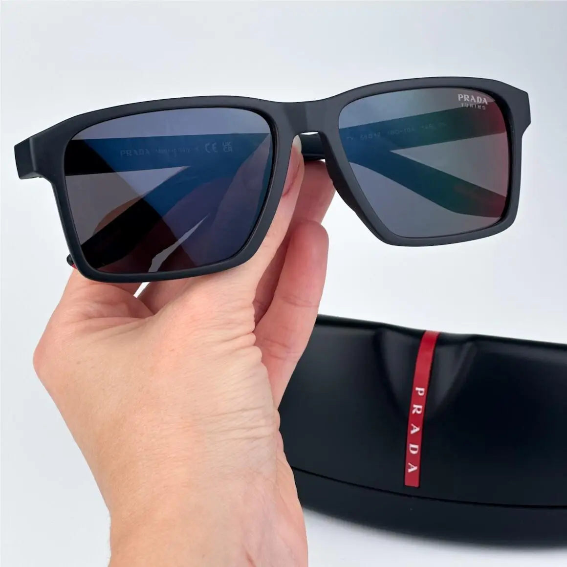 Prada Linea Rossa Women Sunglasses Black Grey Red Rectangle PS05YS 1BO10A