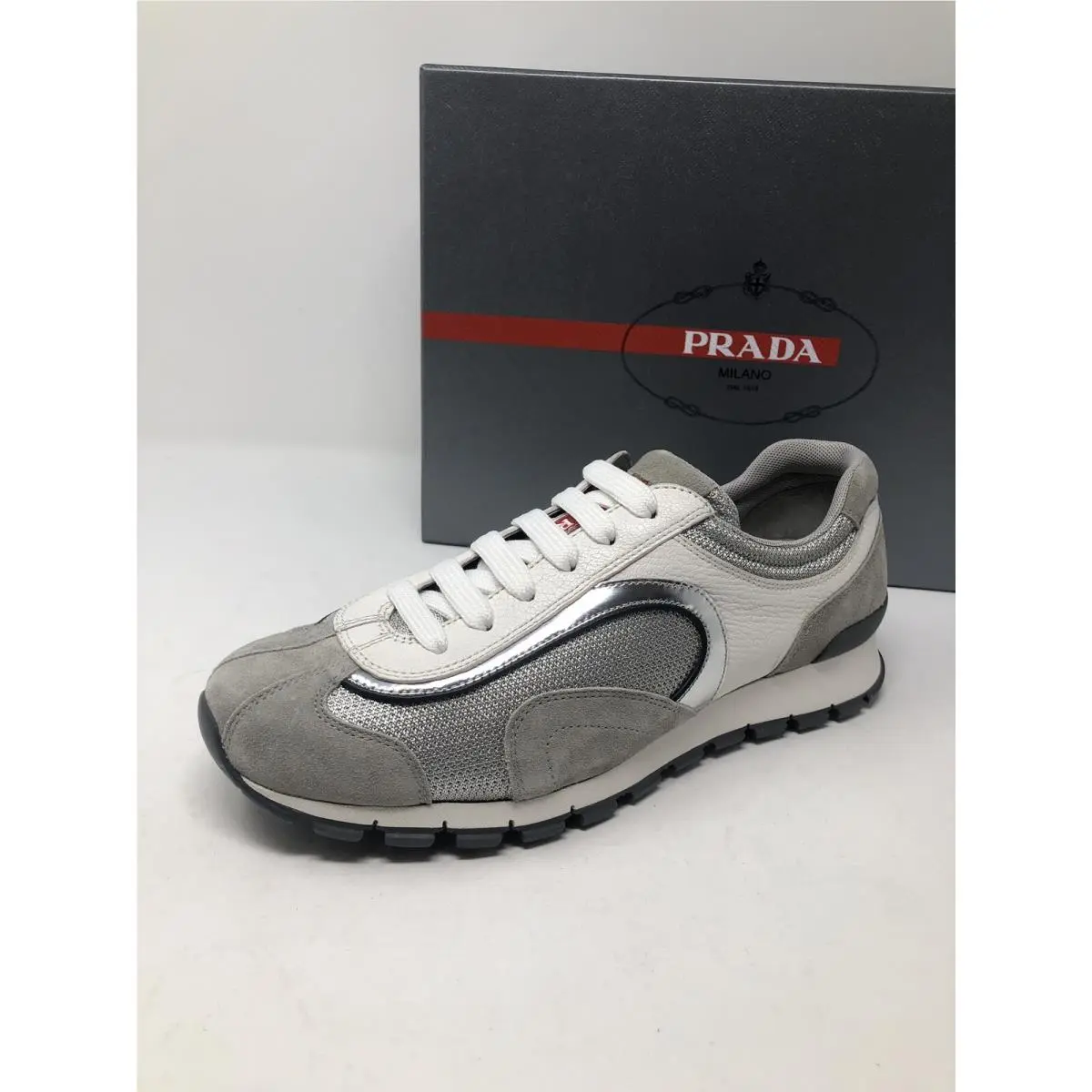 Prada Mens Gray Silver White Shoes Sneakers Size 7 US 6 UK 40 EU