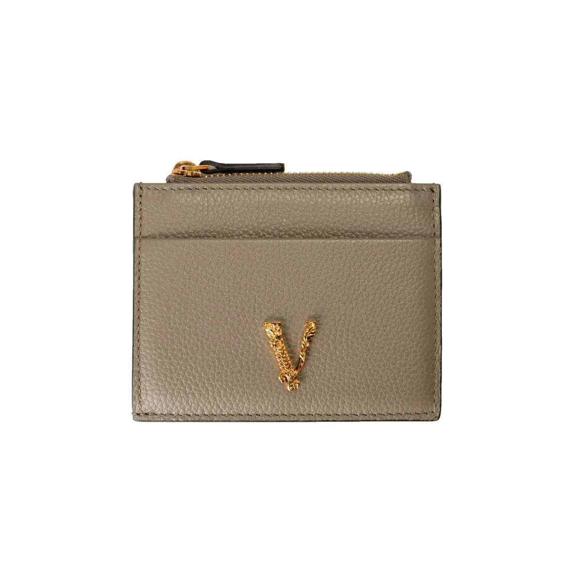 Versace Women`s Gray Textured Leather Gold V-logo Card Case