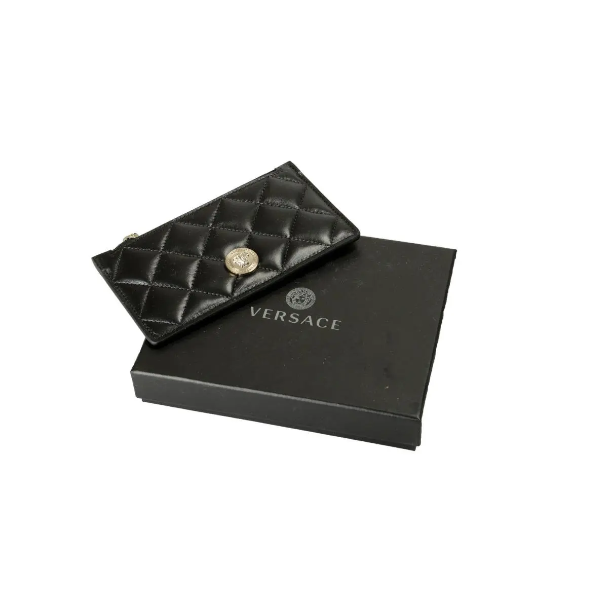 Versace Black Quilted Leather Silver Medusa Head Card Case Wallet