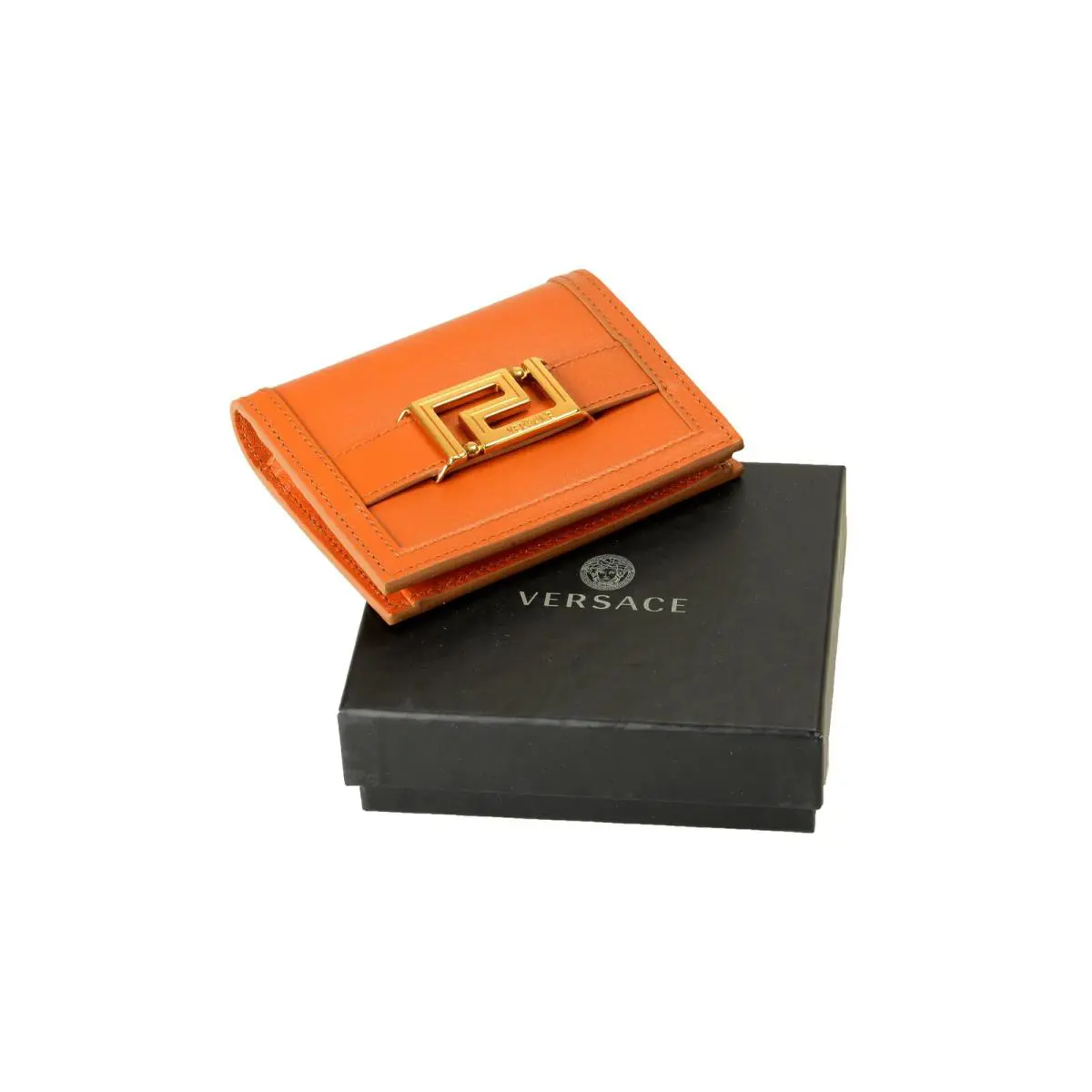 Versace Brown Leather La Greca Metal Logo Card Case Compact Wallet
