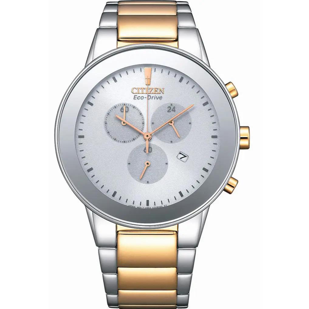 Citizen Men Eco Drive Chronograph Date Watch 43mm Silver Rose Gold AT2244-84A